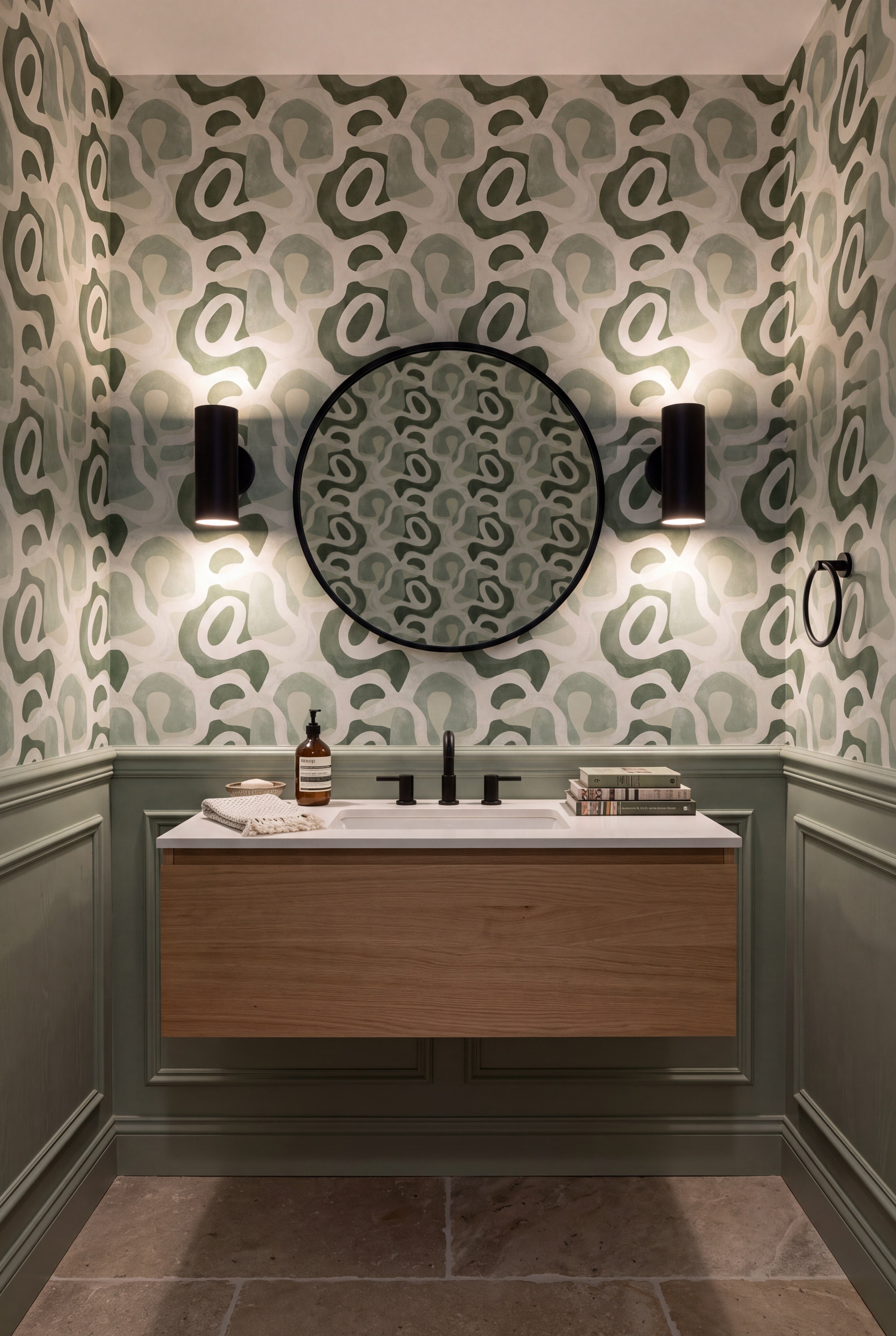 Sage Terrain wallpaper shown in a powder room