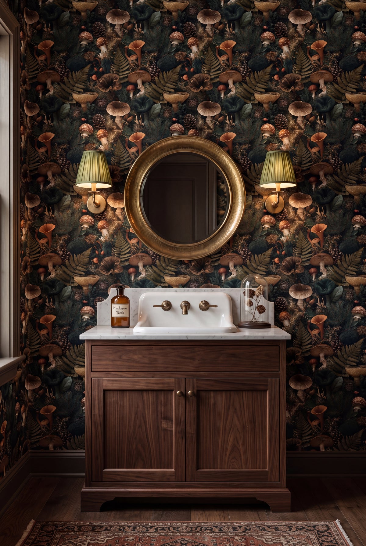 Chanterelle Woods wallpaper shown in a powder room