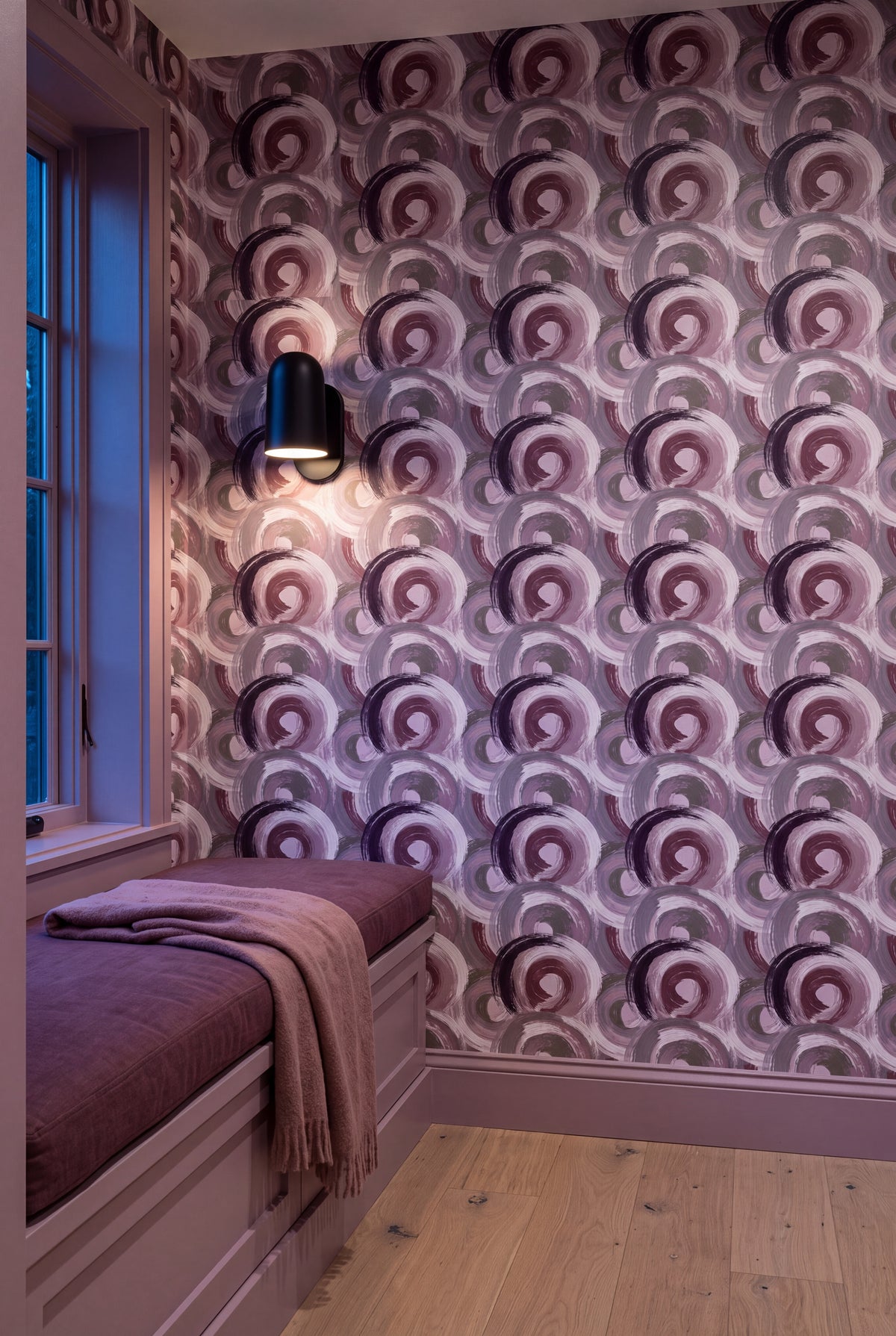 Mauve Halo wallpaper shown in a window seat alcove