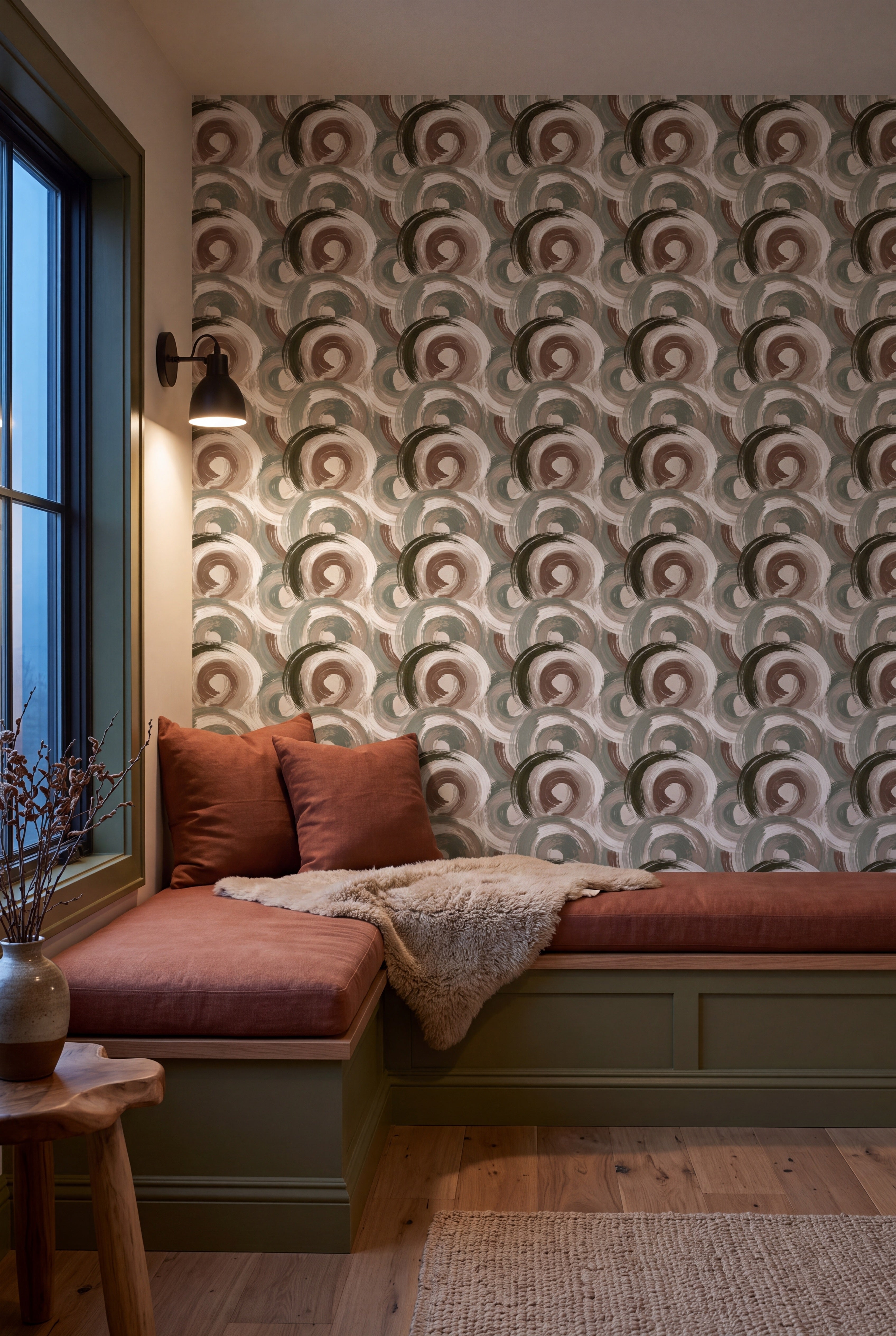 Russet Halo wallpaper shown in a window seat alcove