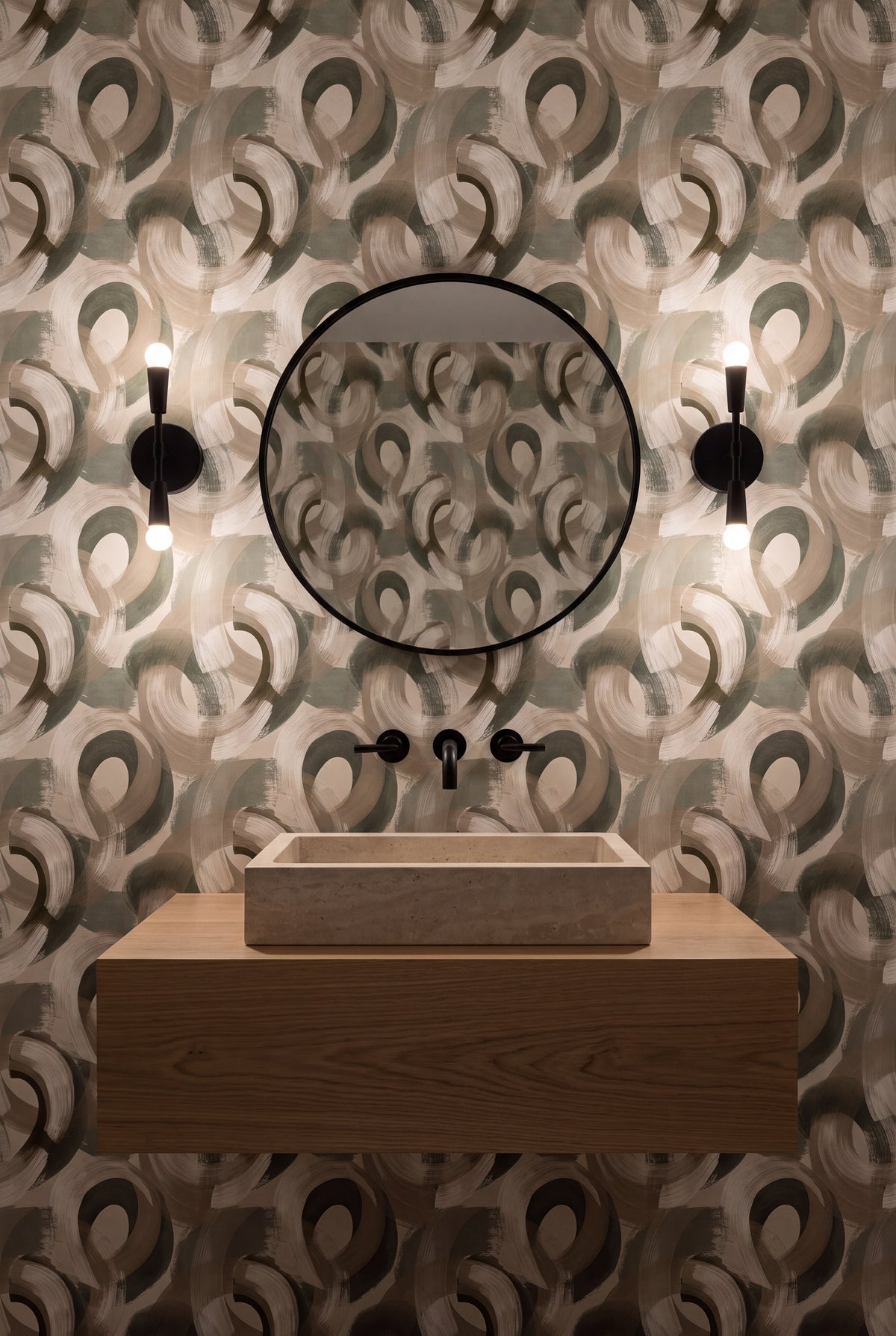 Willow Halo wallpaper shown in a powder room