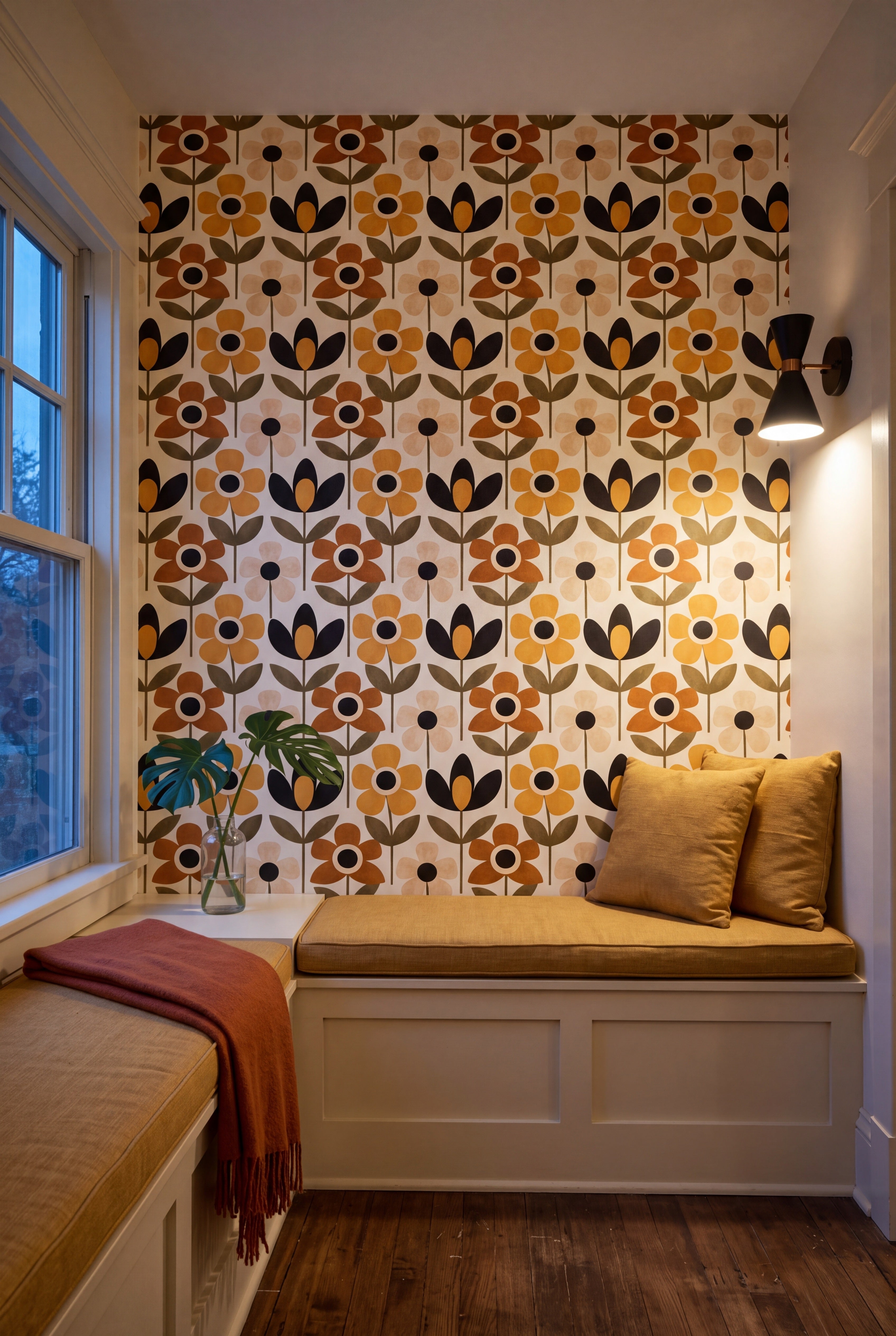 Marmalade Mod wallpaper shown in a window seat alcove