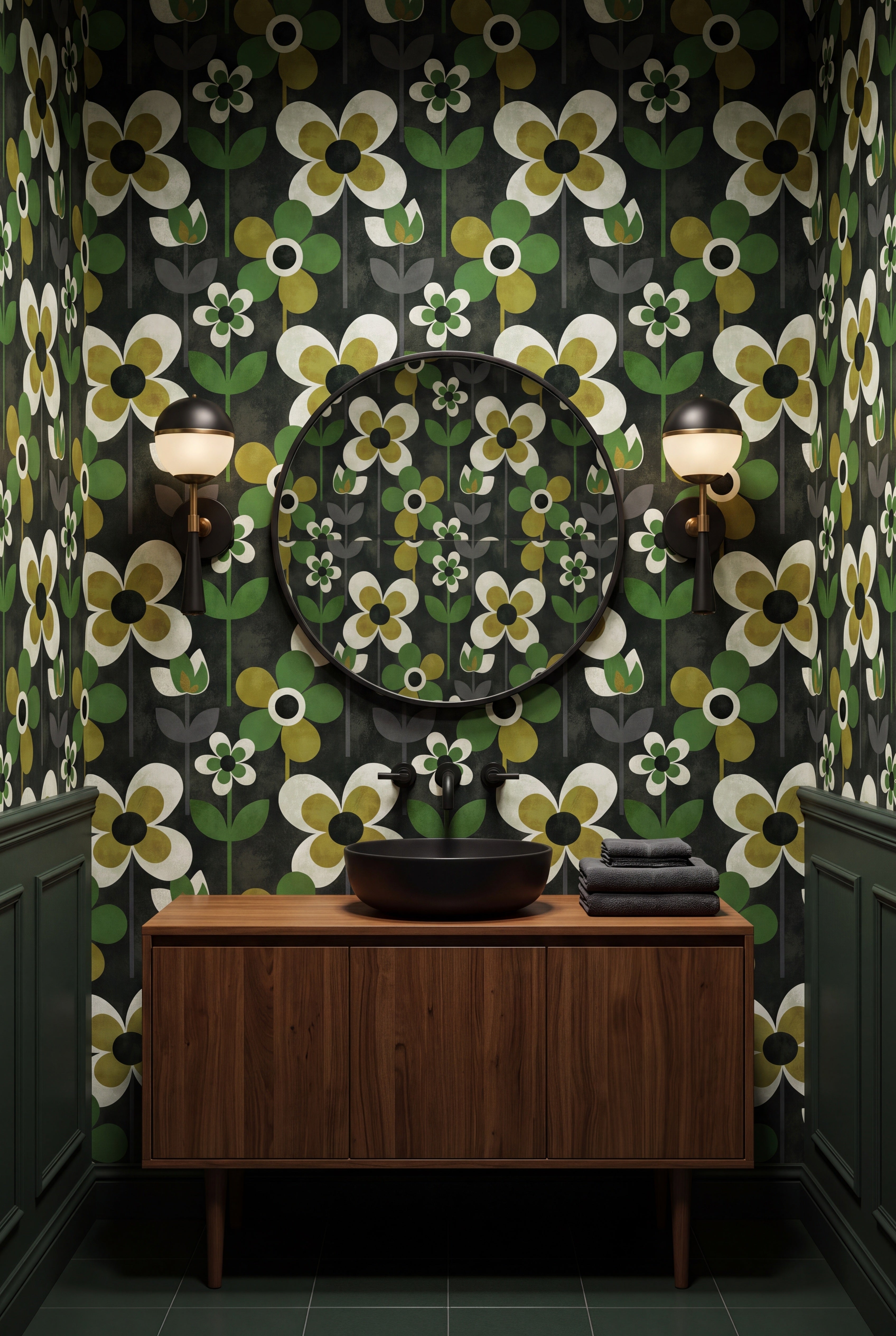 Pistachio Mod wallpaper shown in a powder room