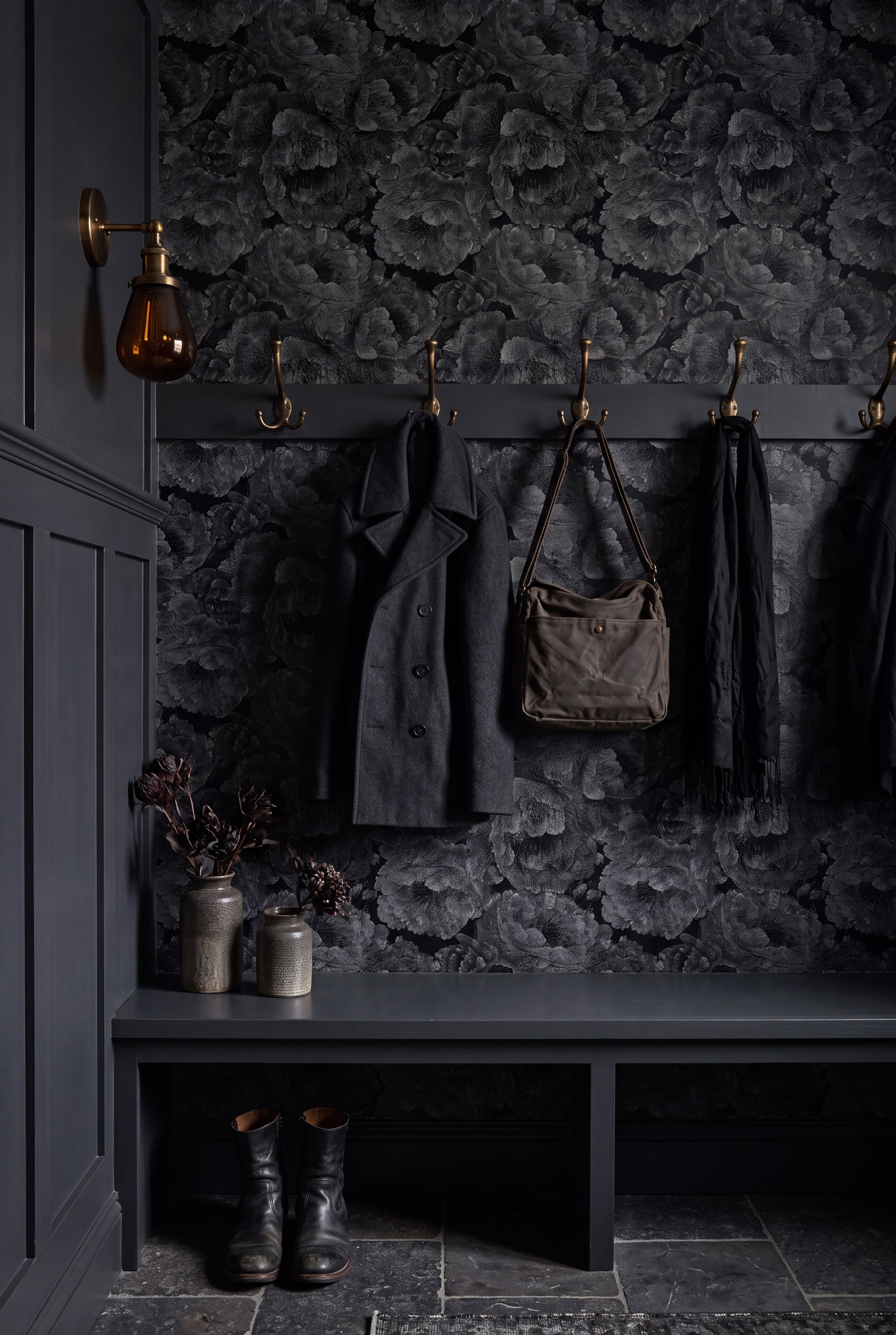 Peony Noir wallpaper shown in a mudroom