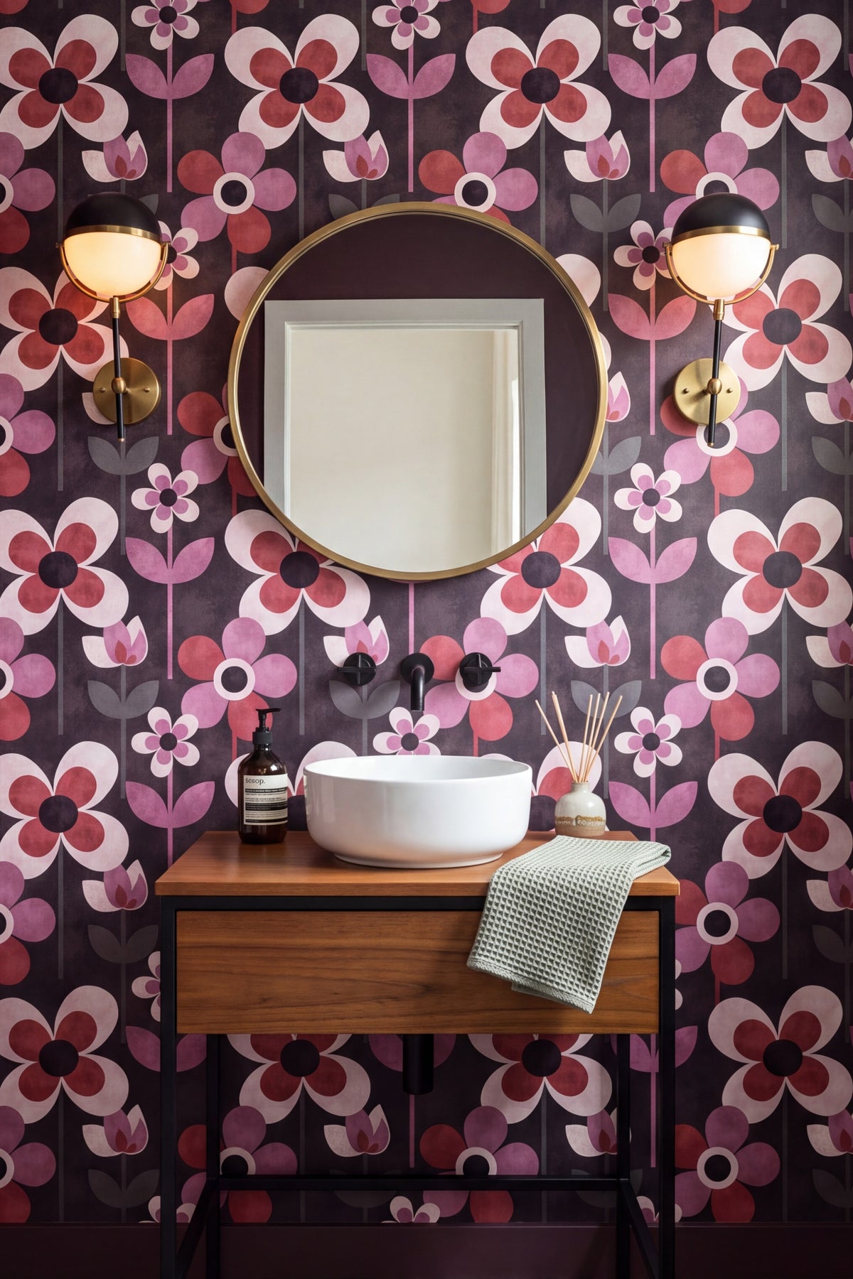 Orchid Mod wallpaper shown in a powder room