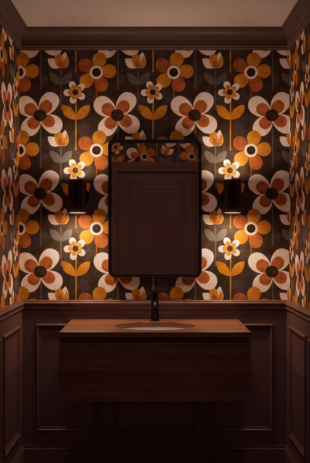 Toffee Mod wallpaper shown in a powder room