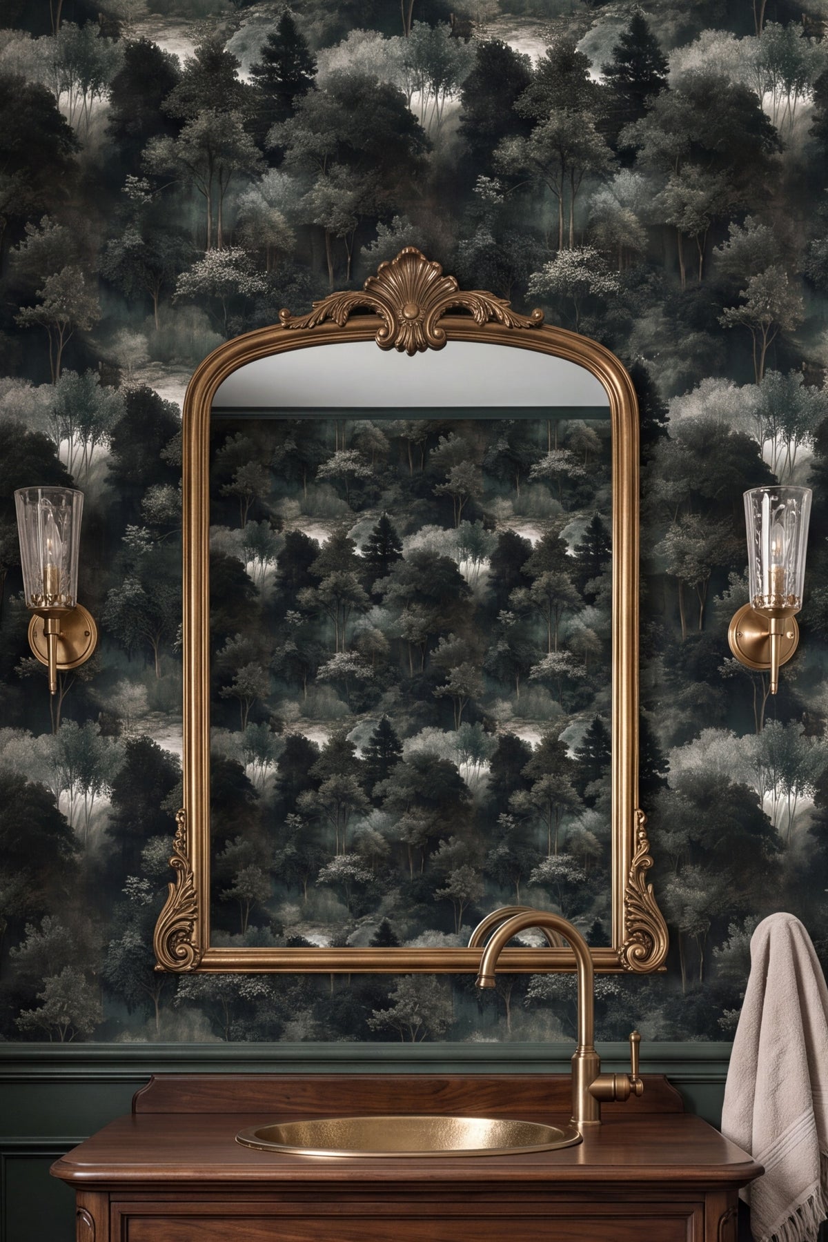 Verdant Veil wallpaper shown in a powder room