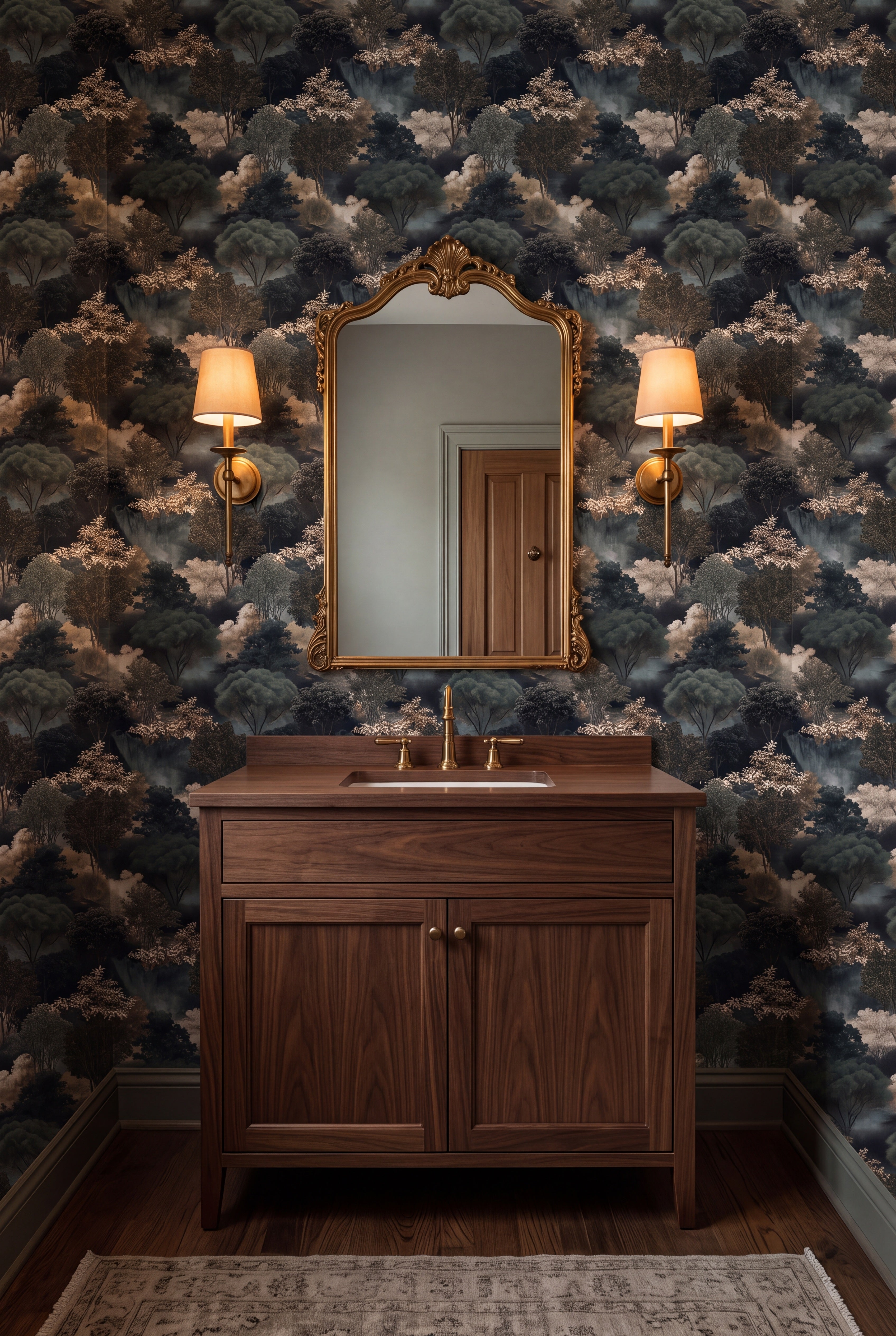 Silver Arbor wallpaper shown in a powder room