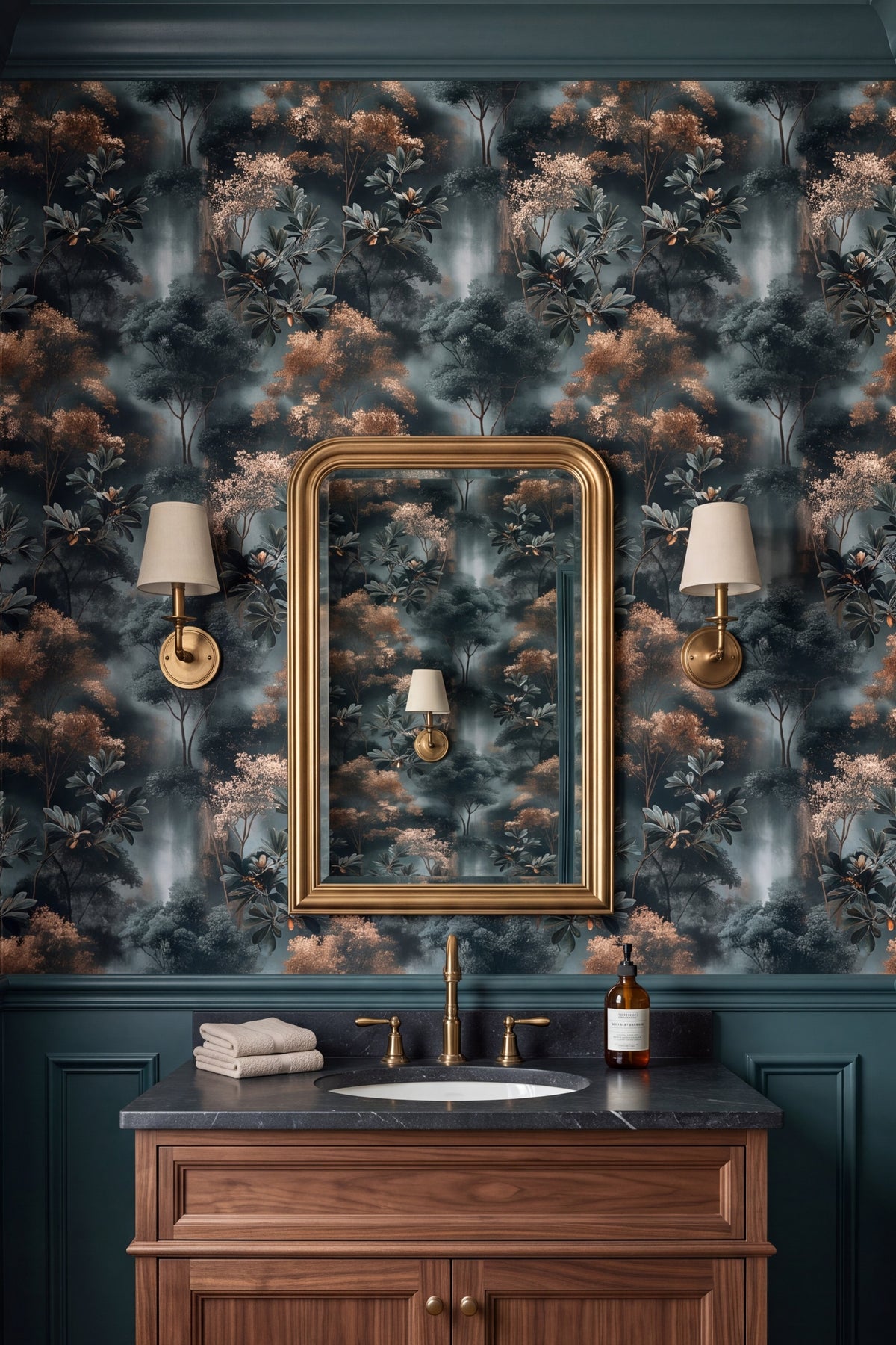 Copper Magnolia wallpaper shown in a powder room