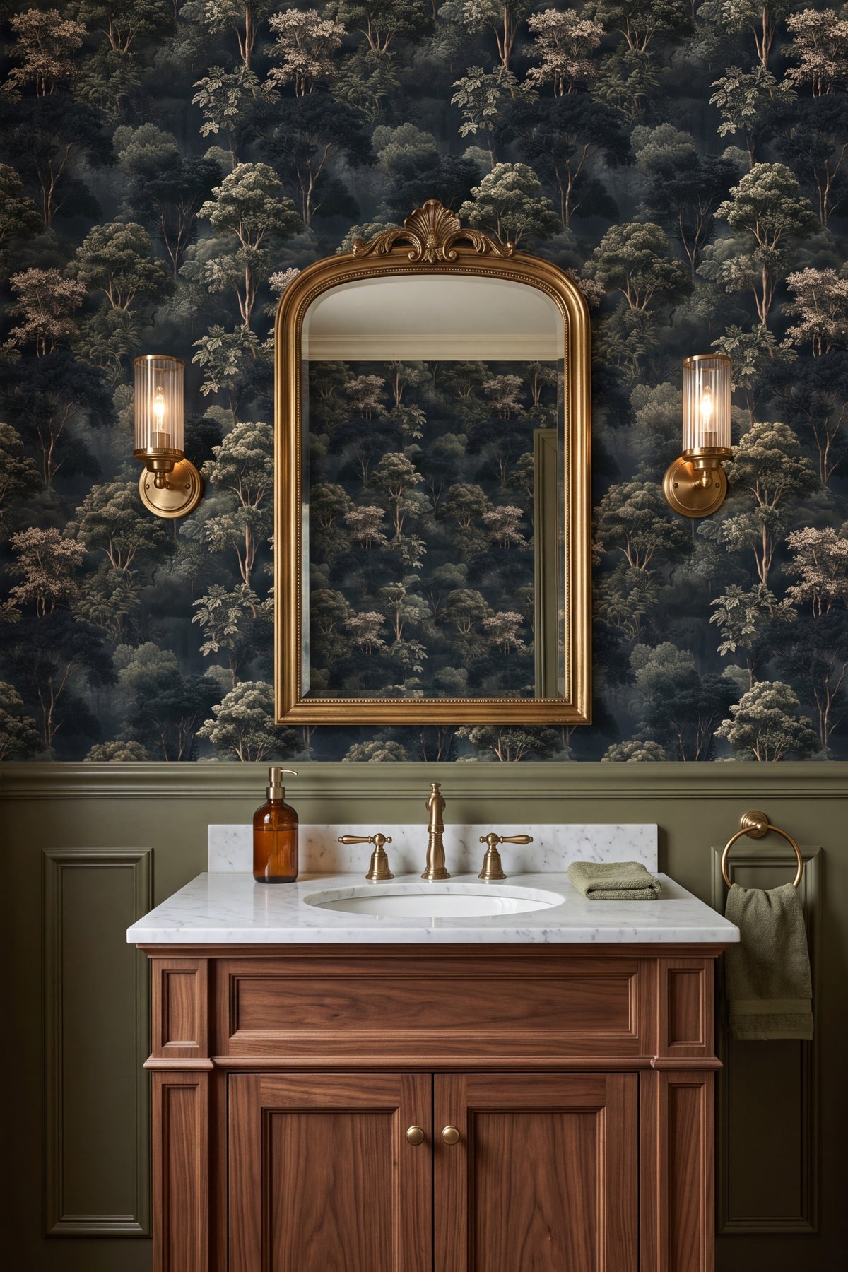 Grand Arboretum wallpaper shown in a powder room