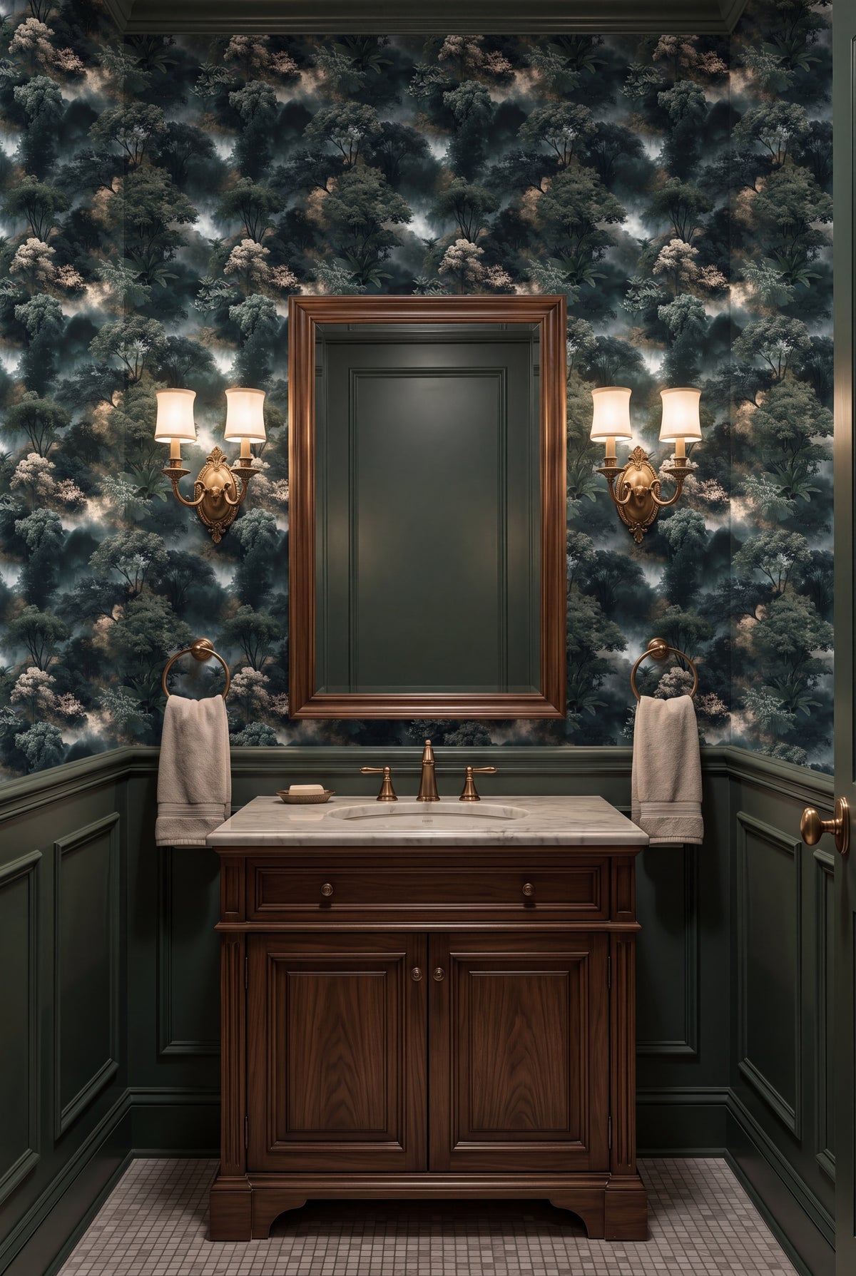Cloud Forest wallpaper shown in a powder room