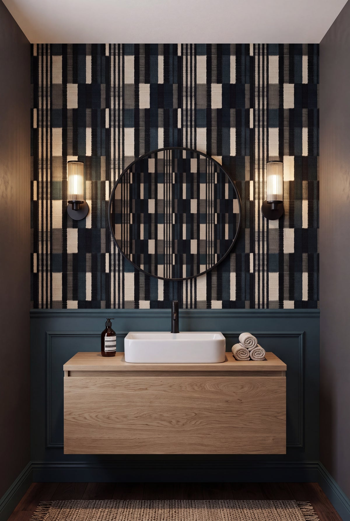 Cinder Stripe wallpaper shown in a powder room