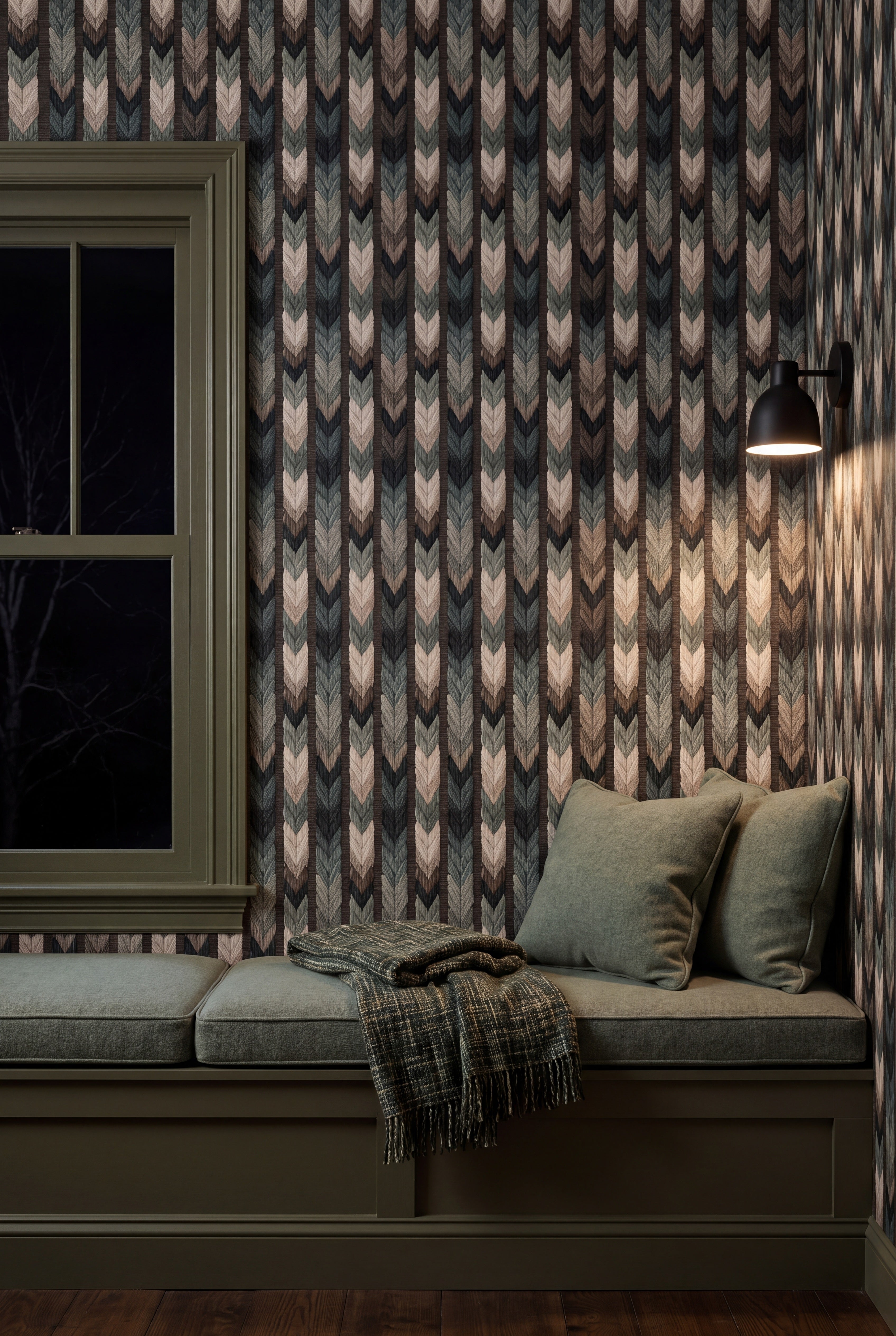 Fern Chevron wallpaper shown in a window seat alcove