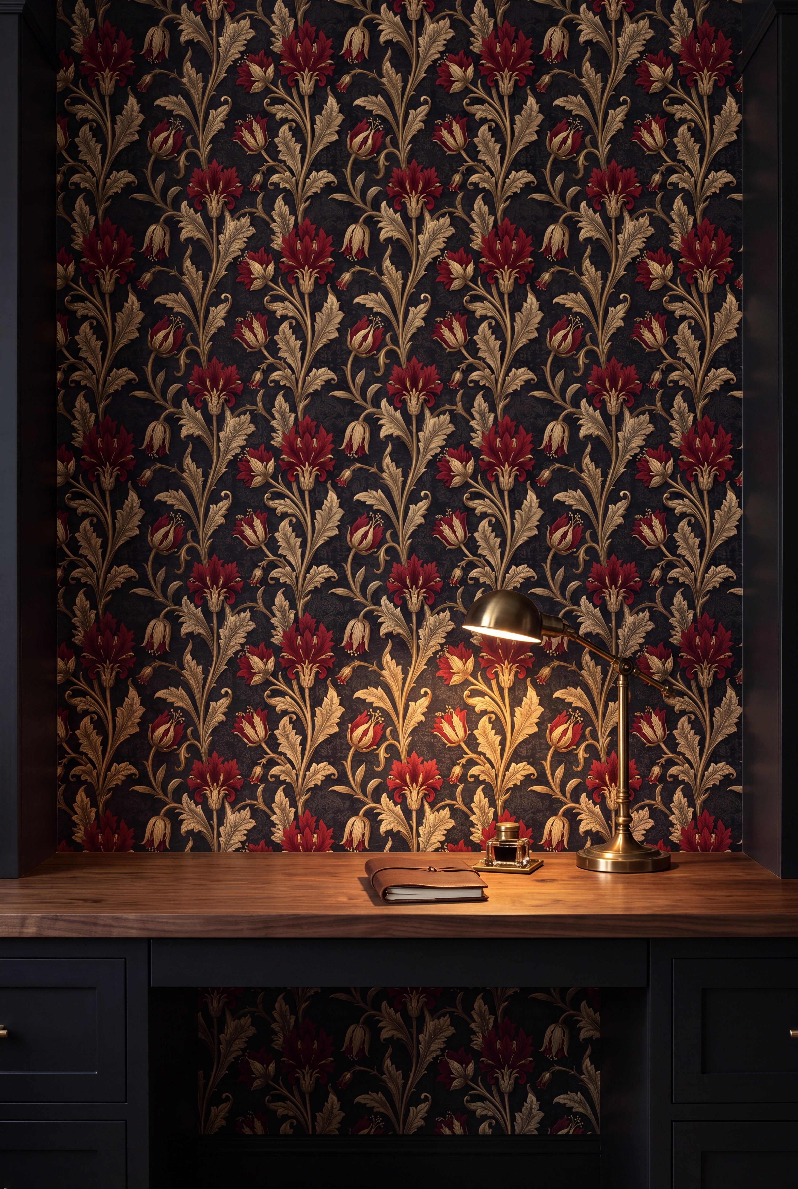 Gilded Thistle wallpaper shown in a home office