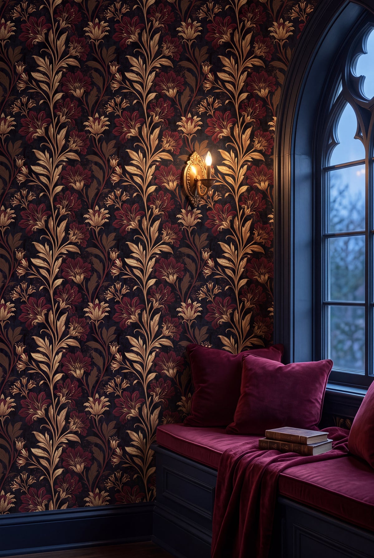 Copper Vespers wallpaper shown in a window seat alcove