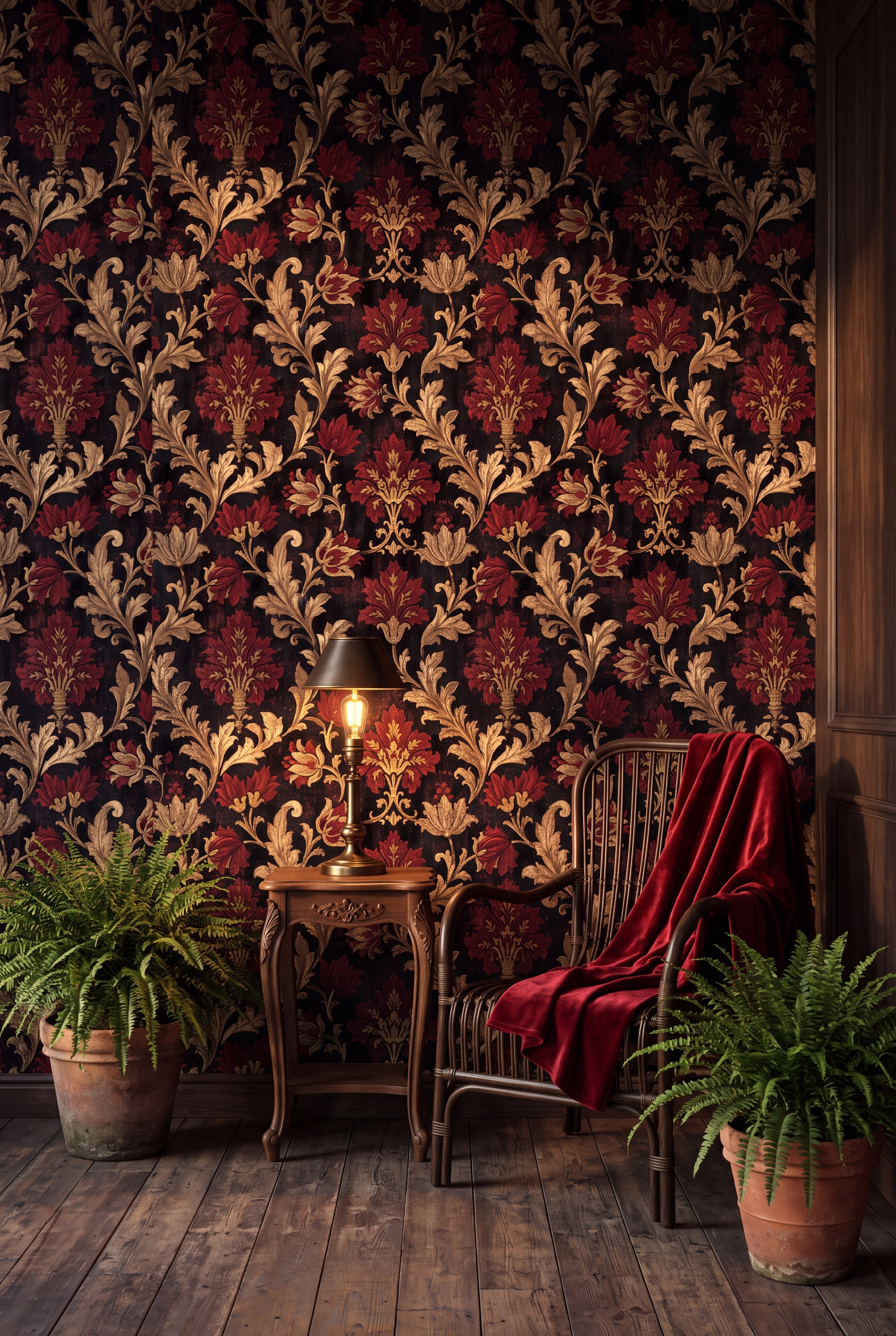 Crimson Reliquary wallpaper shown in a sunroom