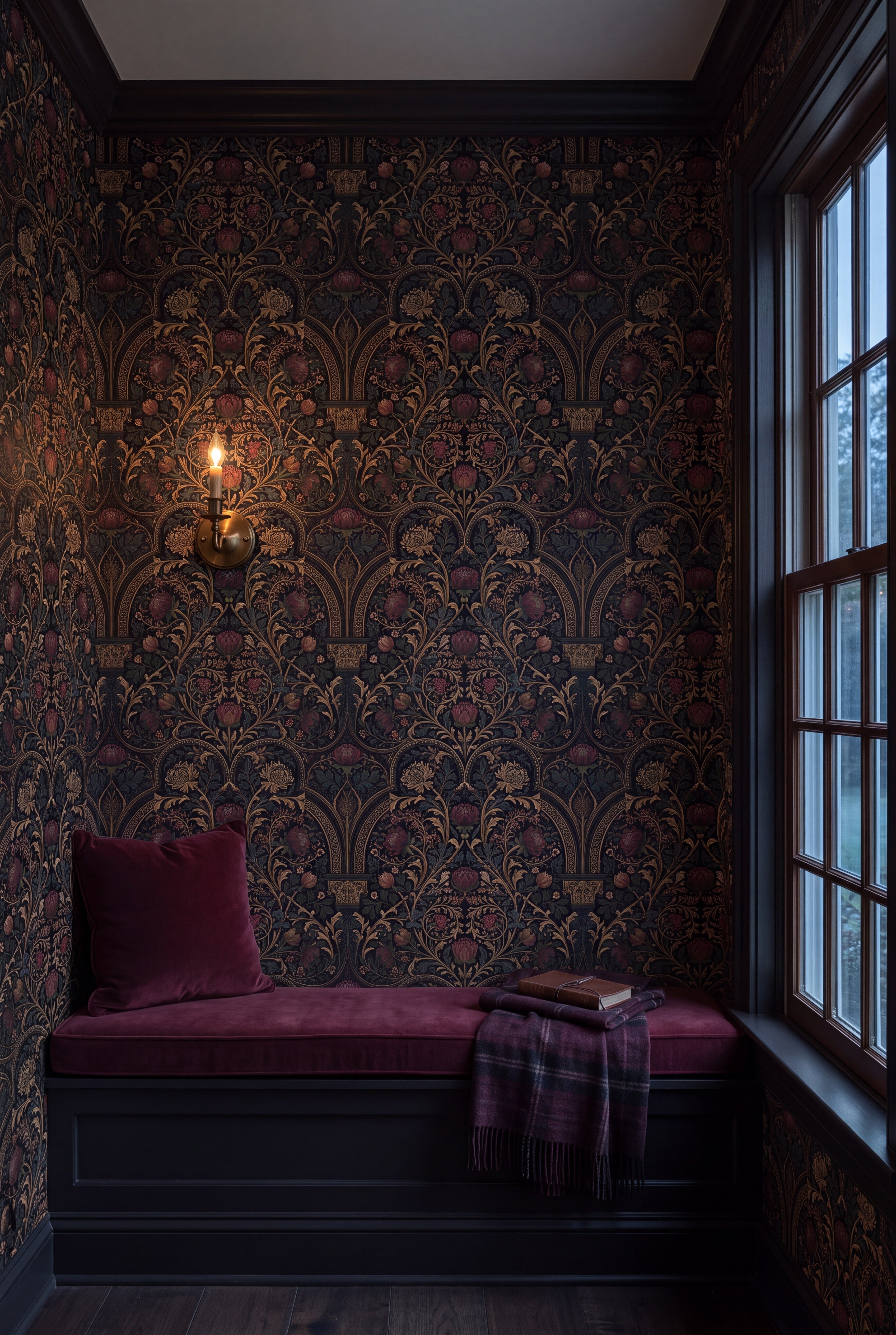 Cloister Vault wallpaper shown in a window seat alcove