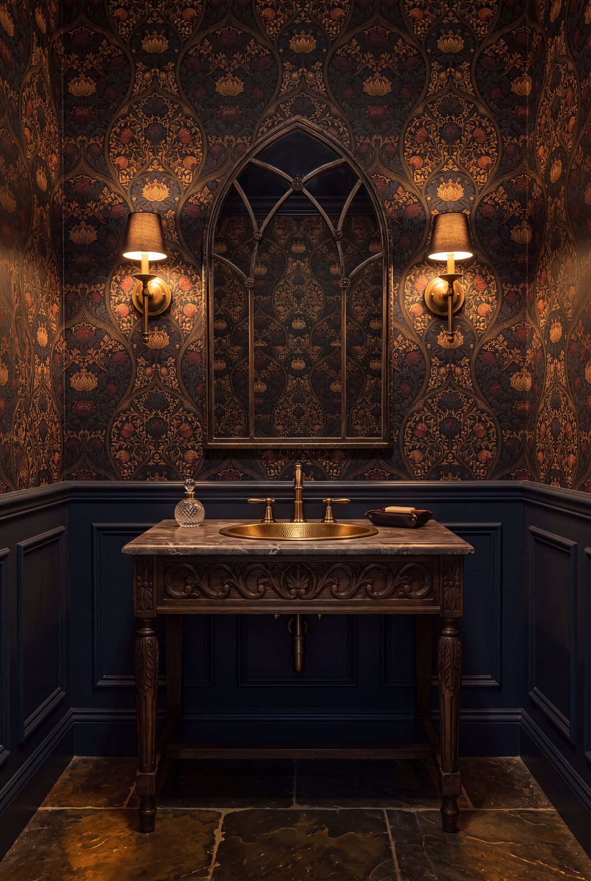 Chalice Damask wallpaper shown in a powder room