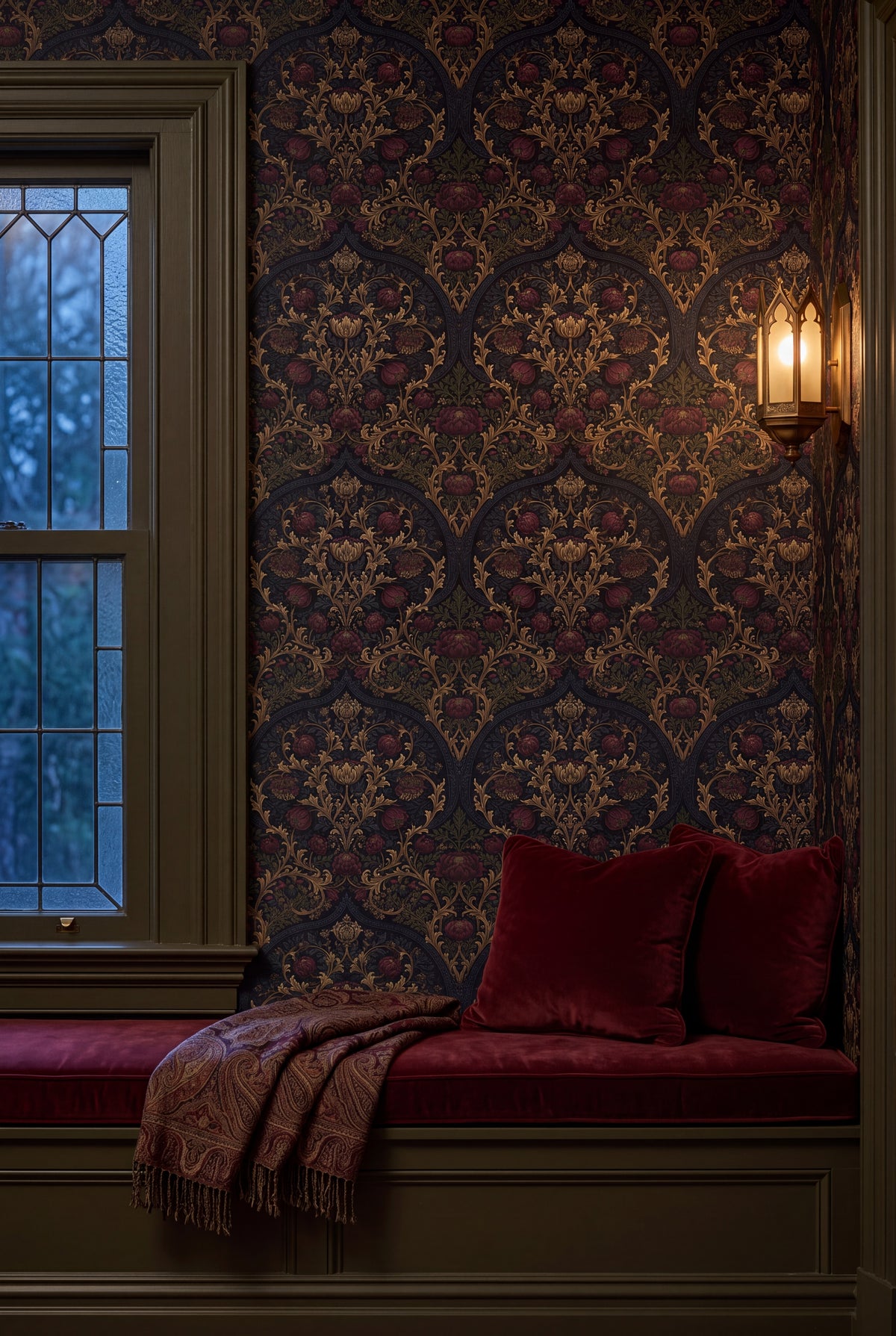 Chancel Bloom wallpaper shown in a window seat alcove