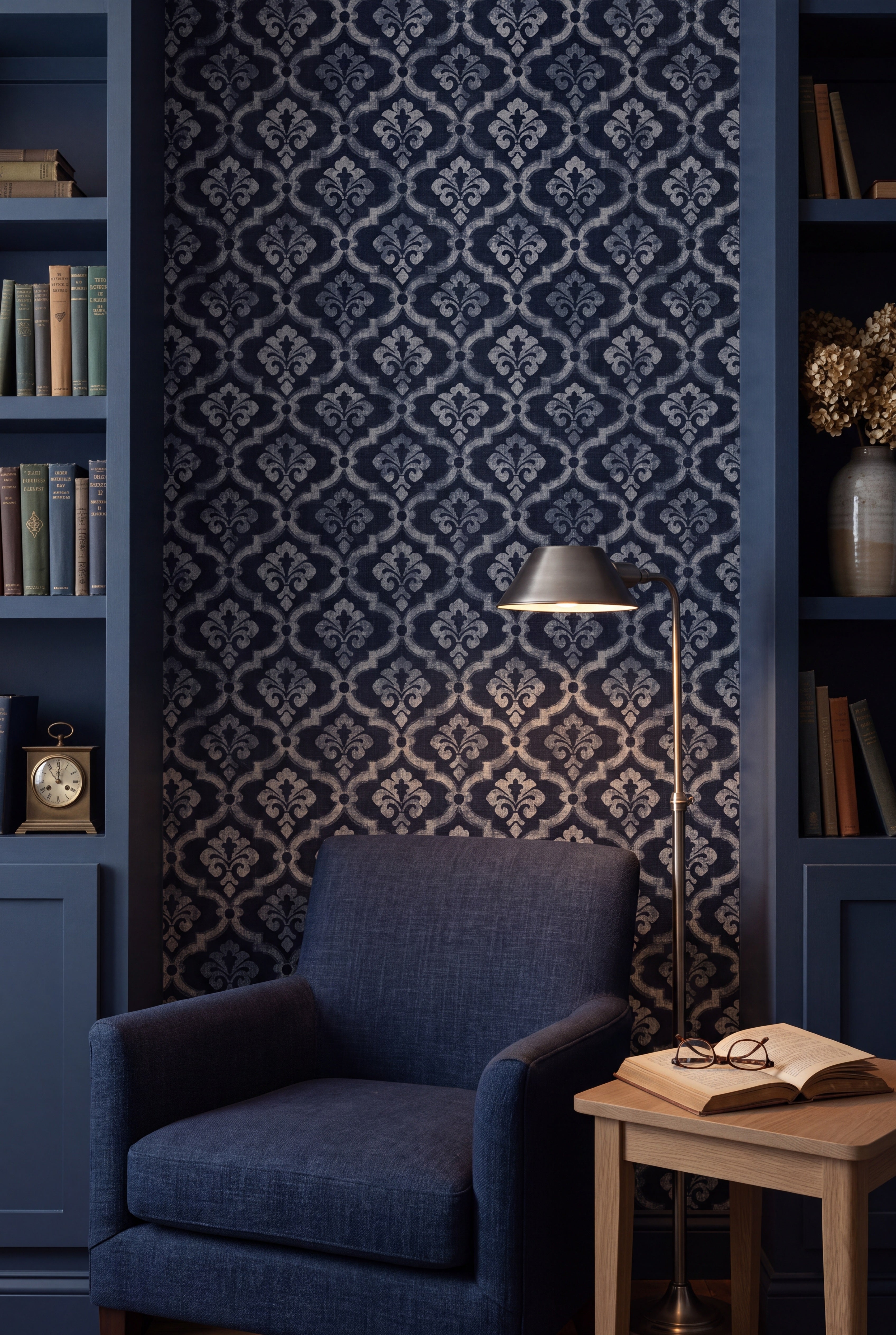 Indigo Fleur wallpaper shown in a reading nook