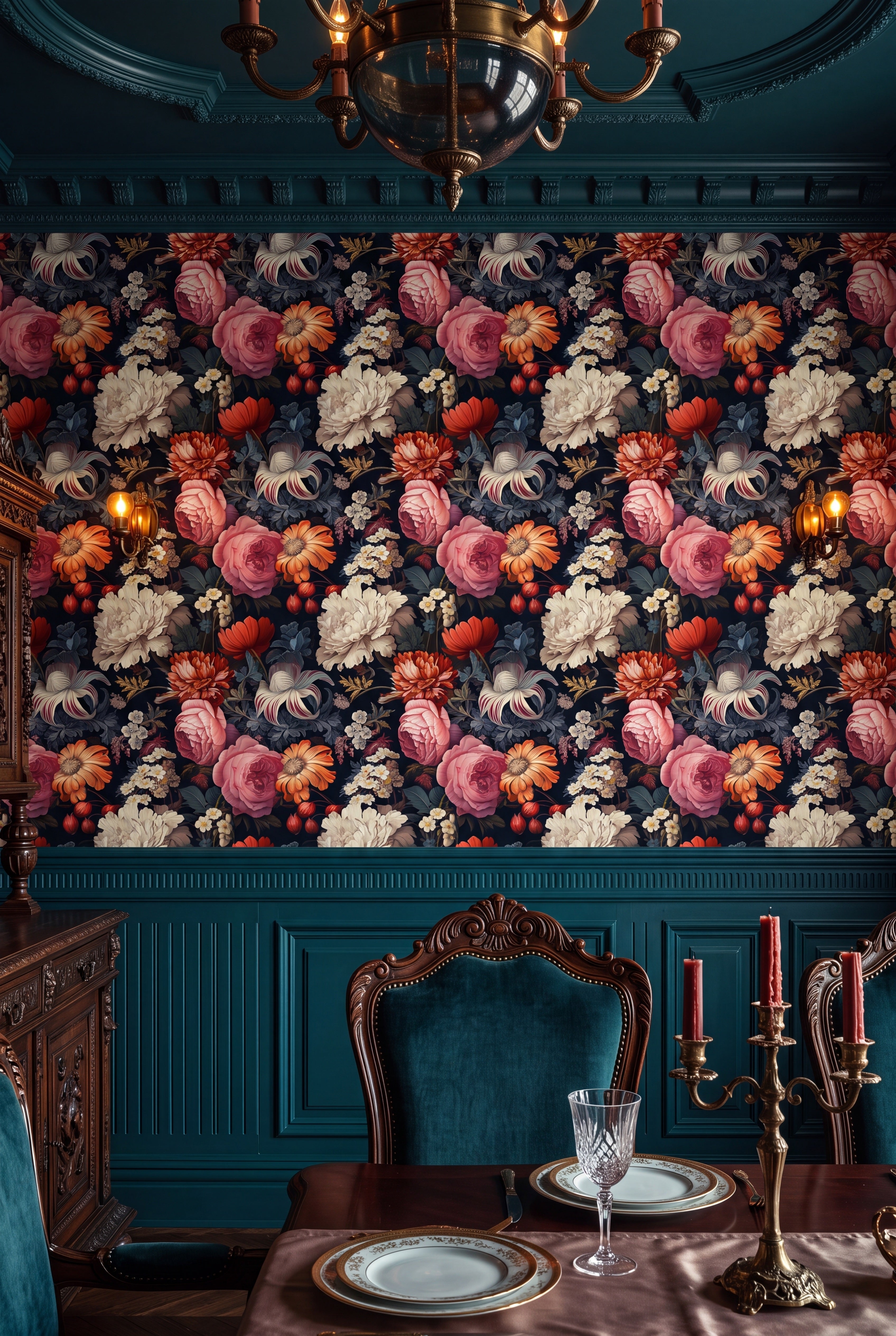 Wildflower Confetti wallpaper shown in a dining room