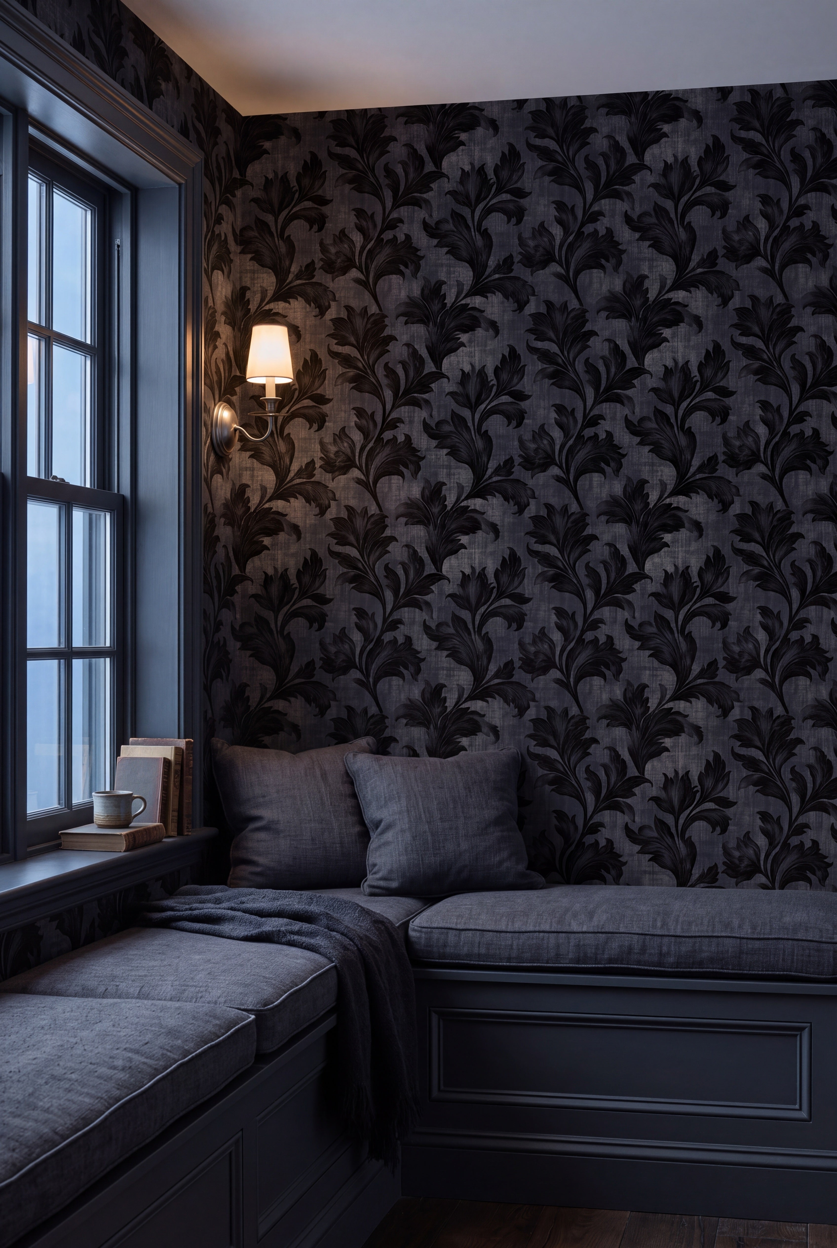 Nightfall Acanthus wallpaper shown in a window seat alcove