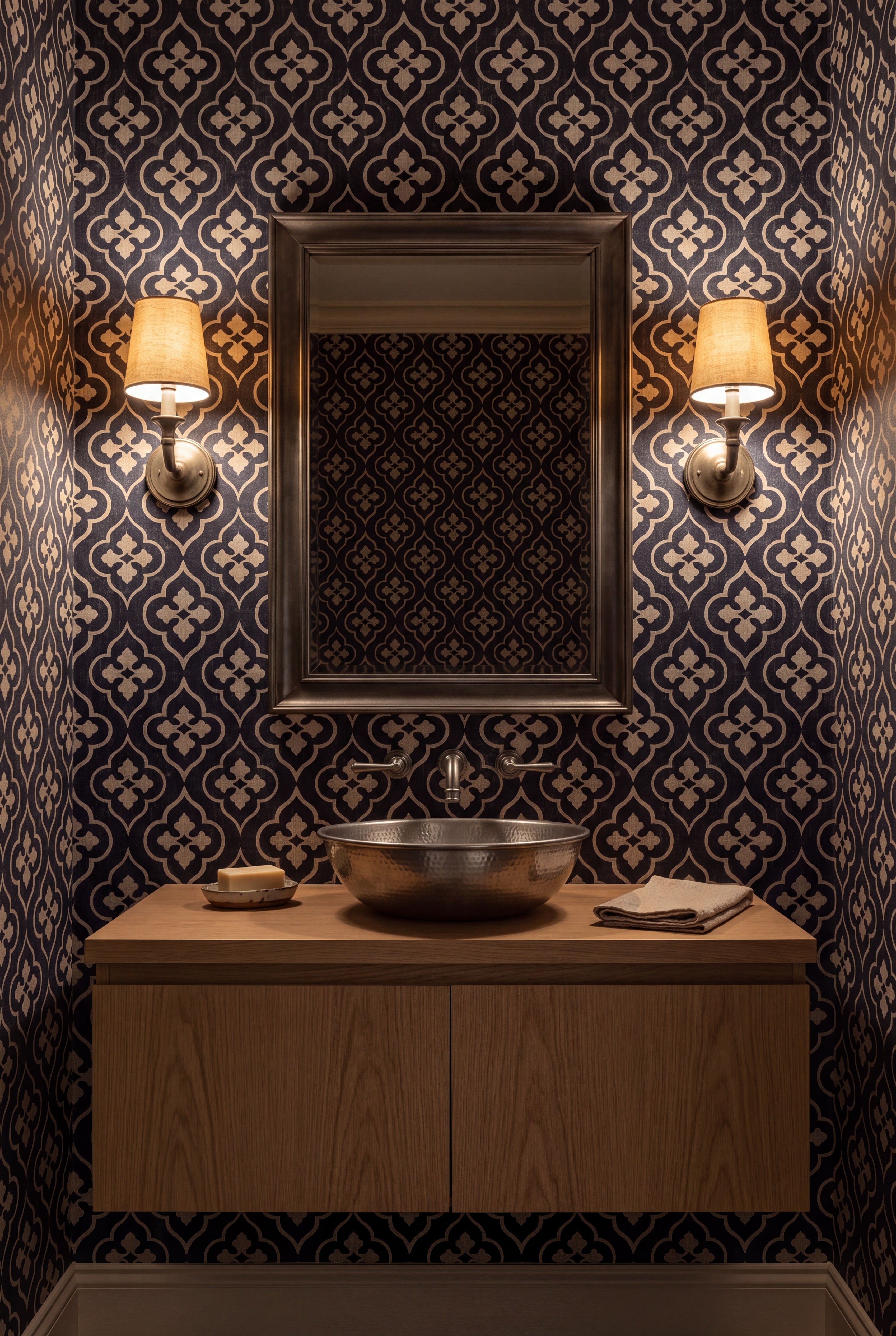Linen Quatrefoil wallpaper shown in a powder room
