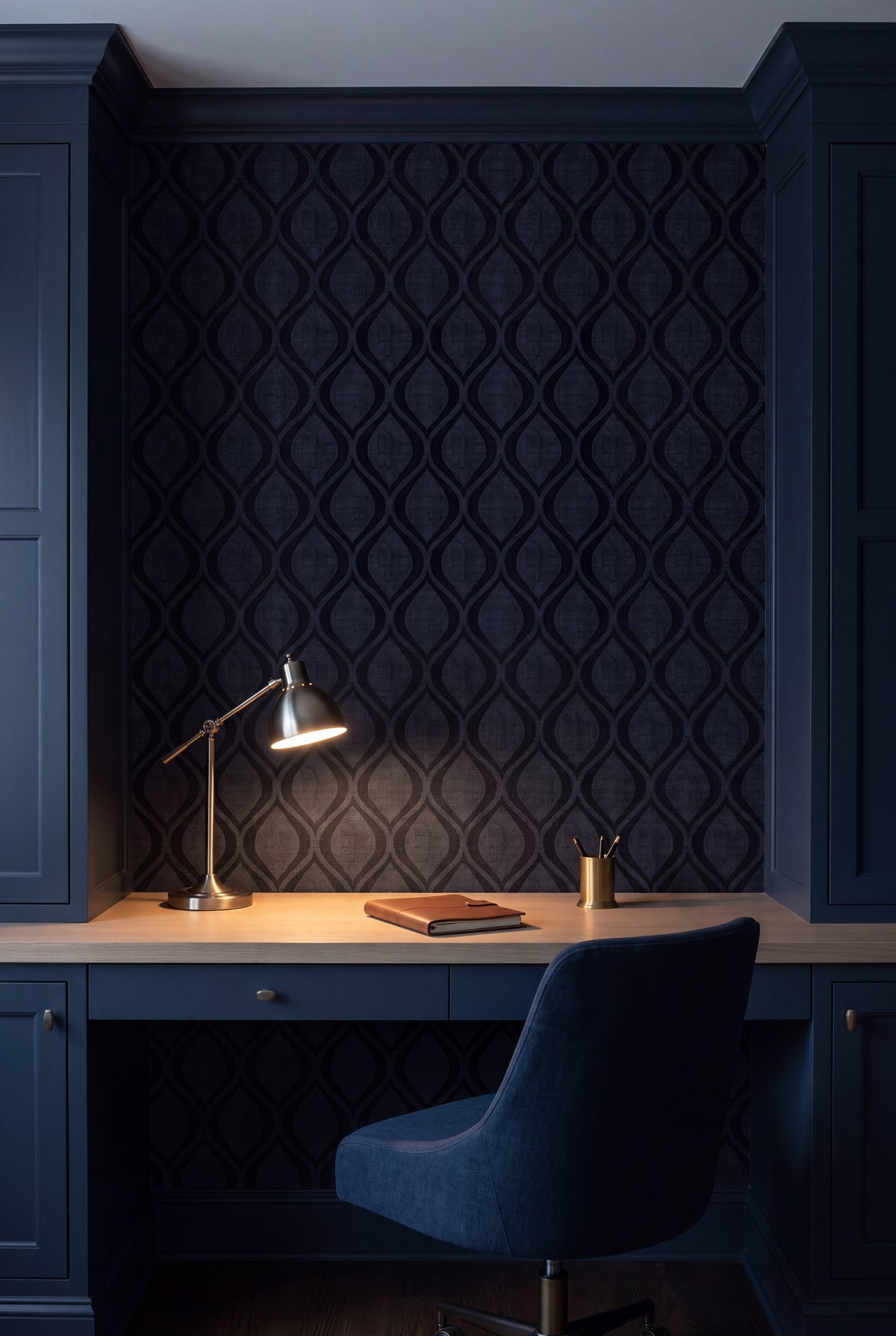 Midnight Ogee wallpaper shown in a home office