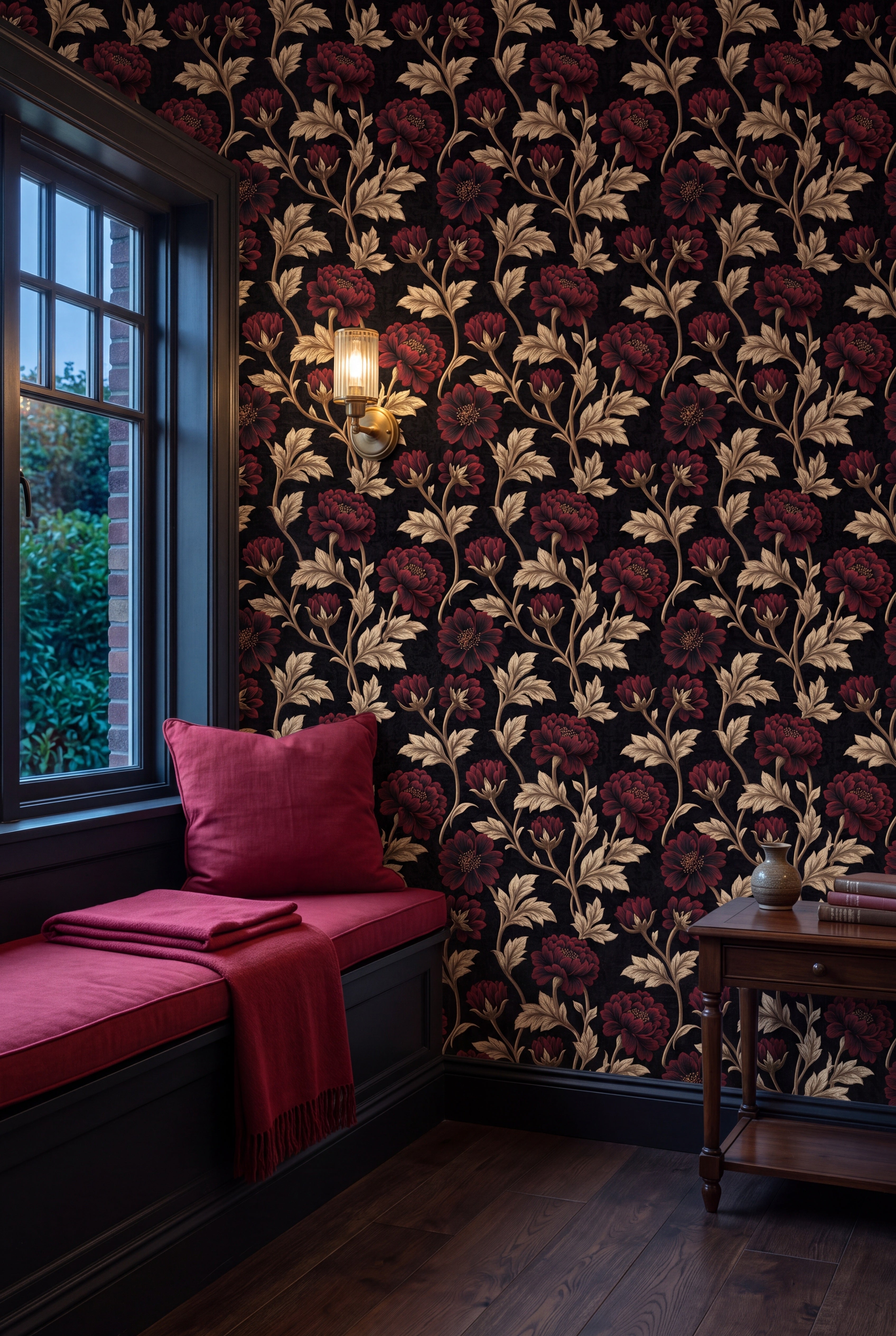 Gilded Peony wallpaper shown in a window seat alcove