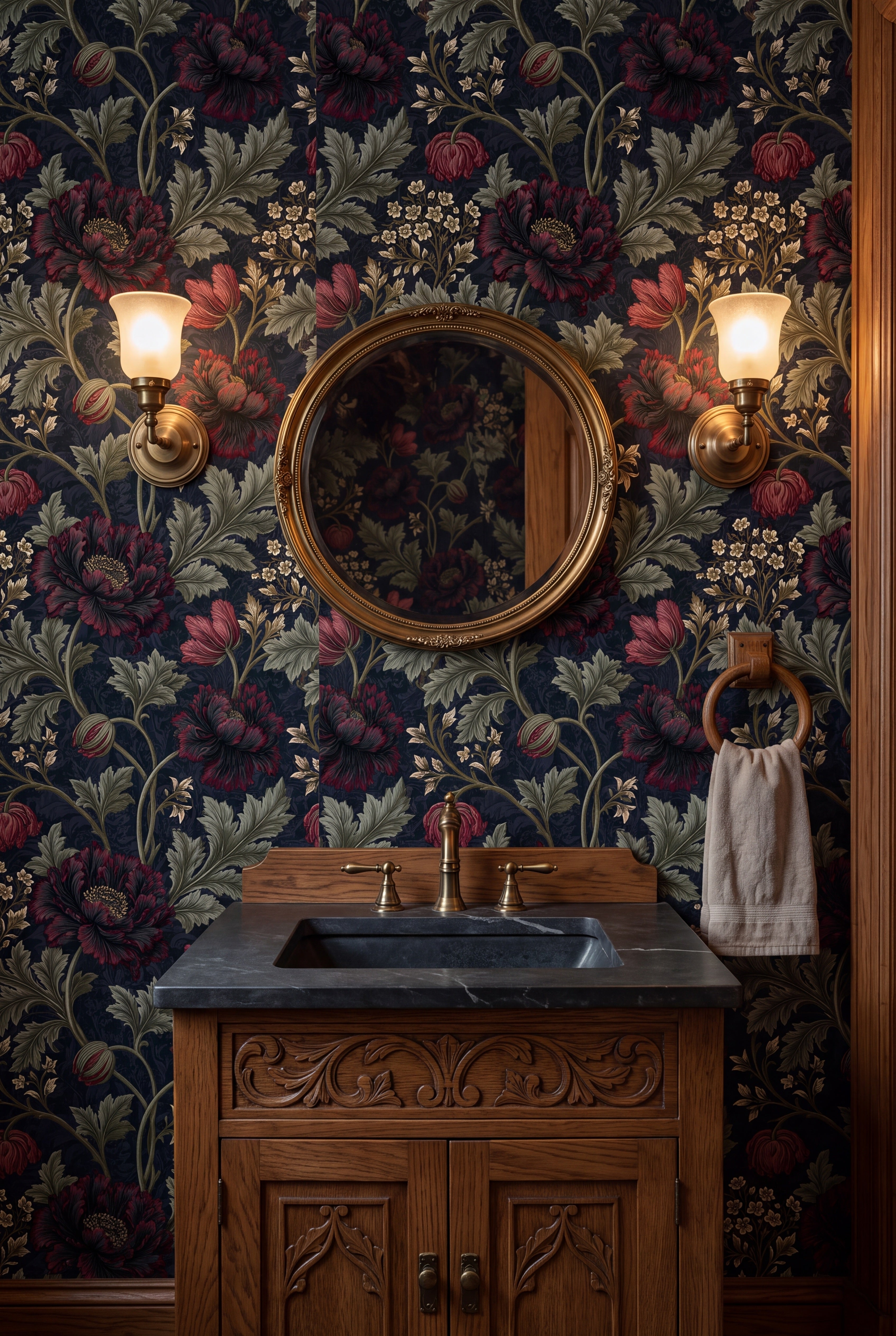 Nocturne Poppy wallpaper shown in a powder room
