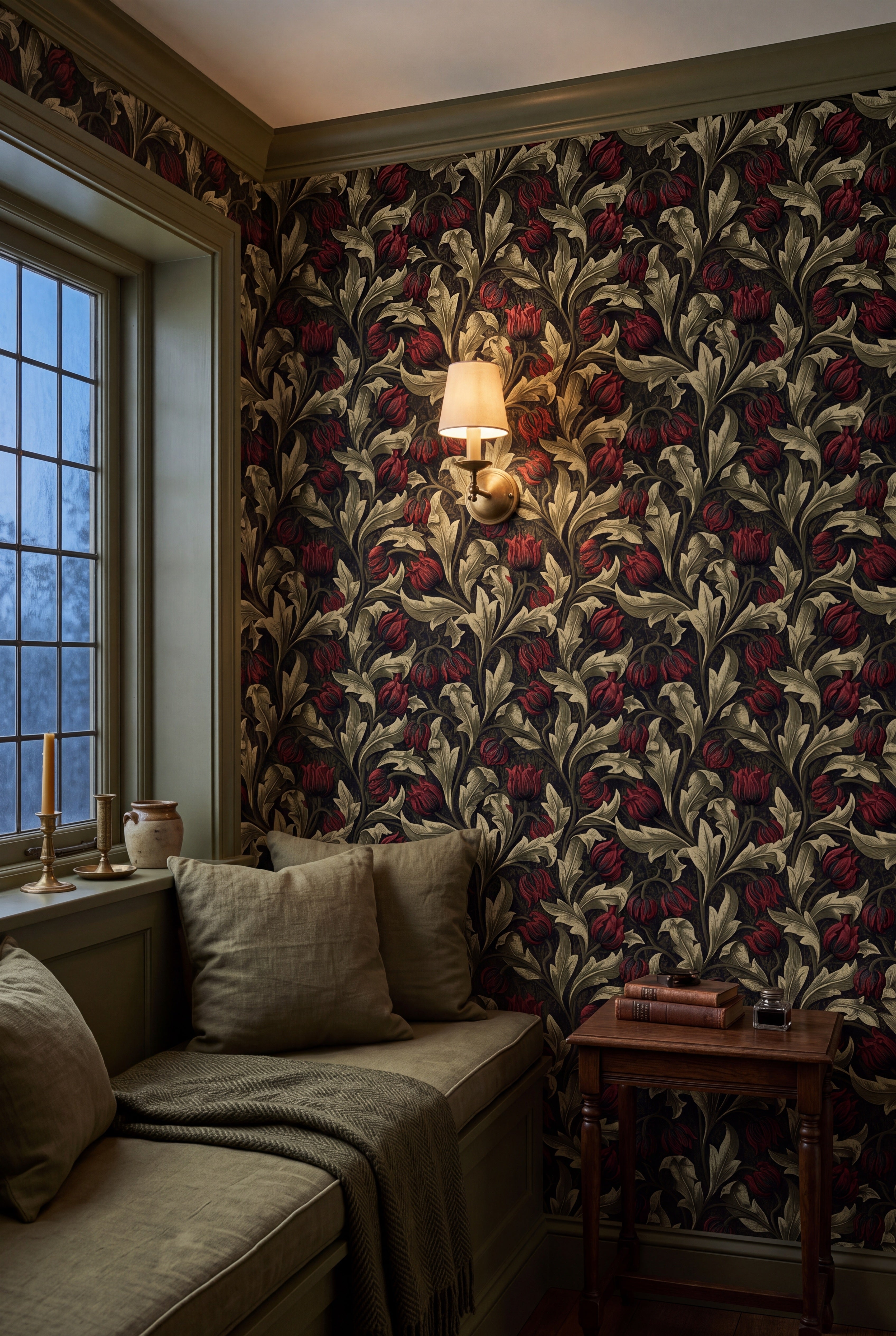 Shadow Tulip wallpaper shown in a window seat alcove
