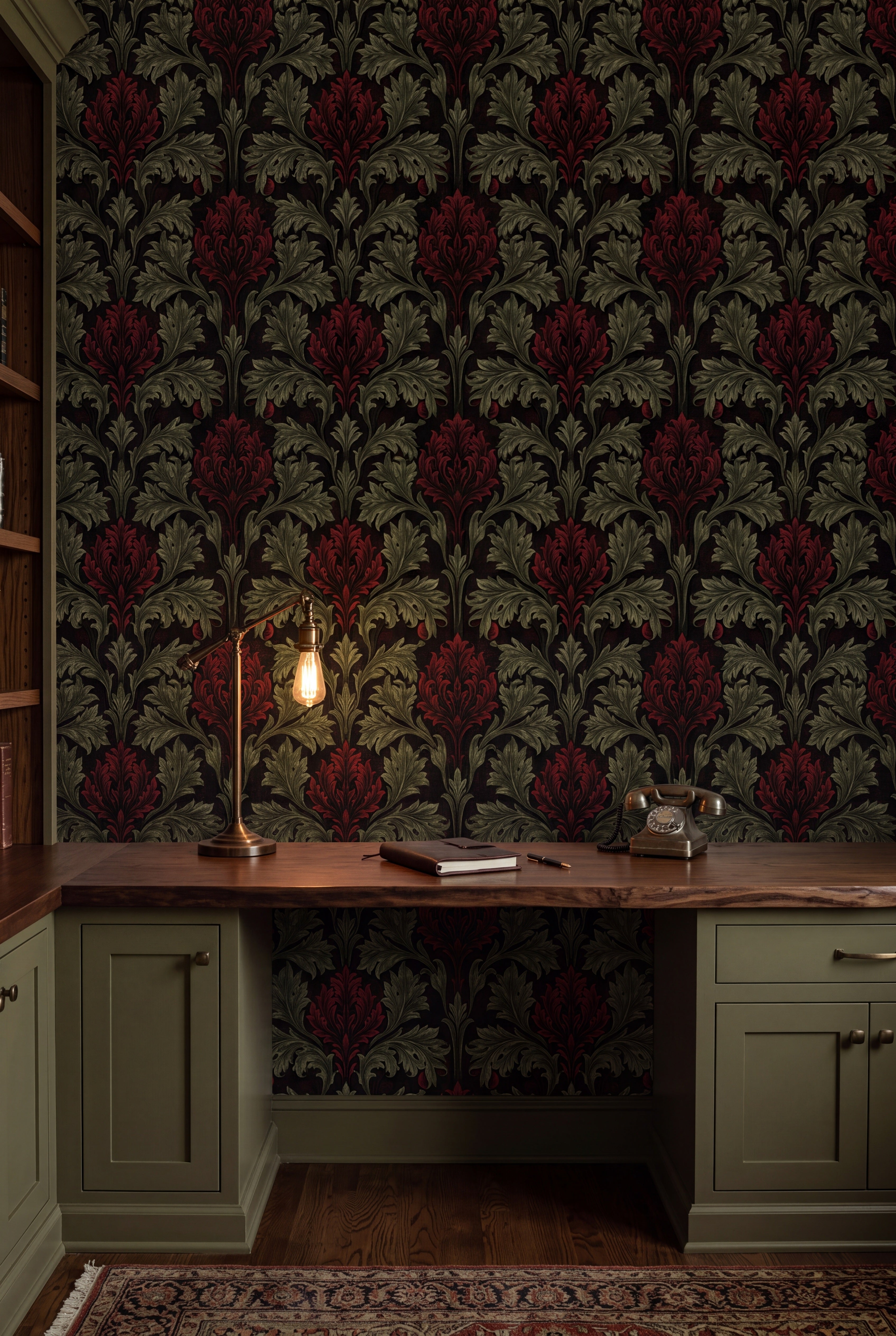 Moss Artichoke wallpaper shown in a home office