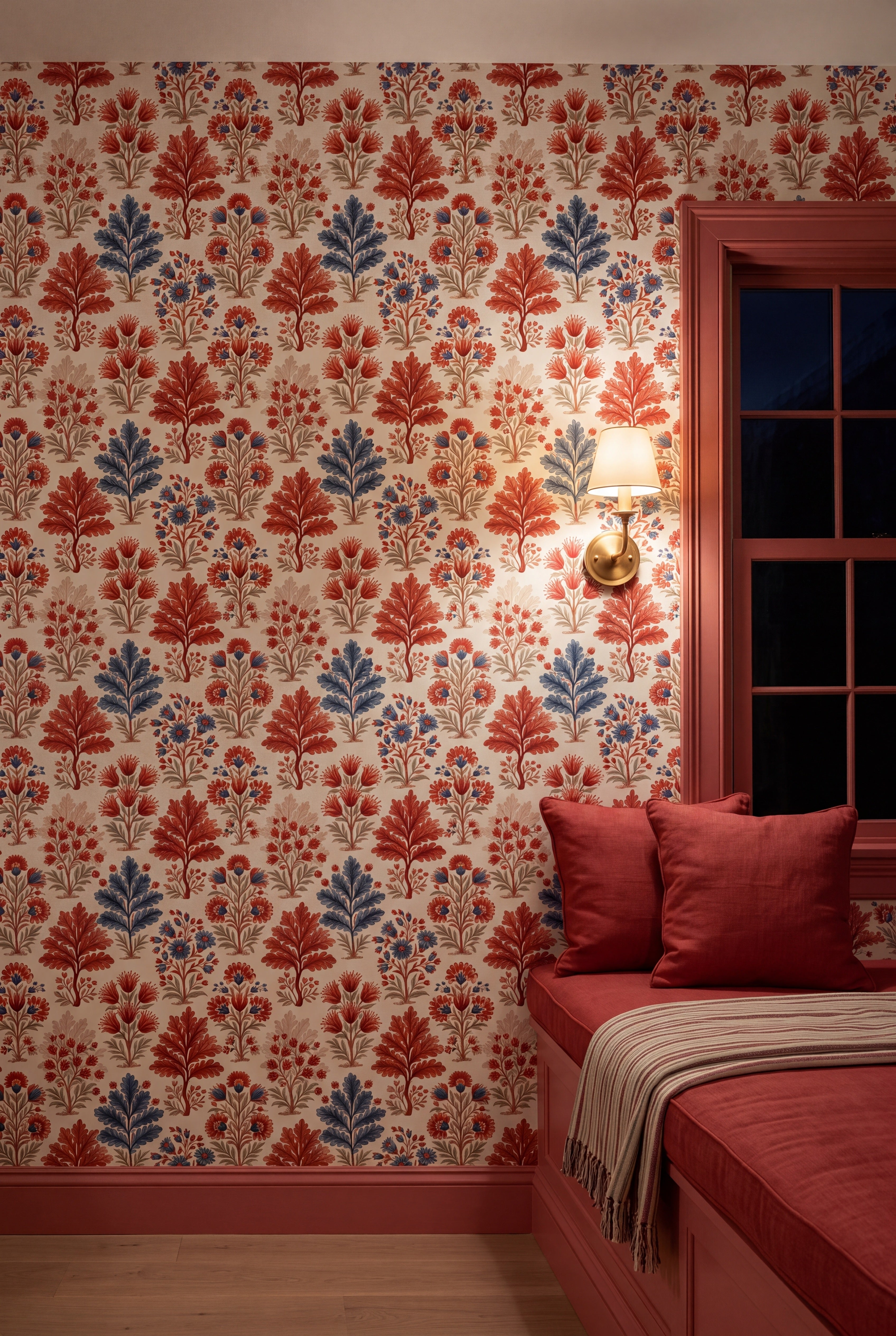 Folk Bloom wallpaper shown in a window seat alcove