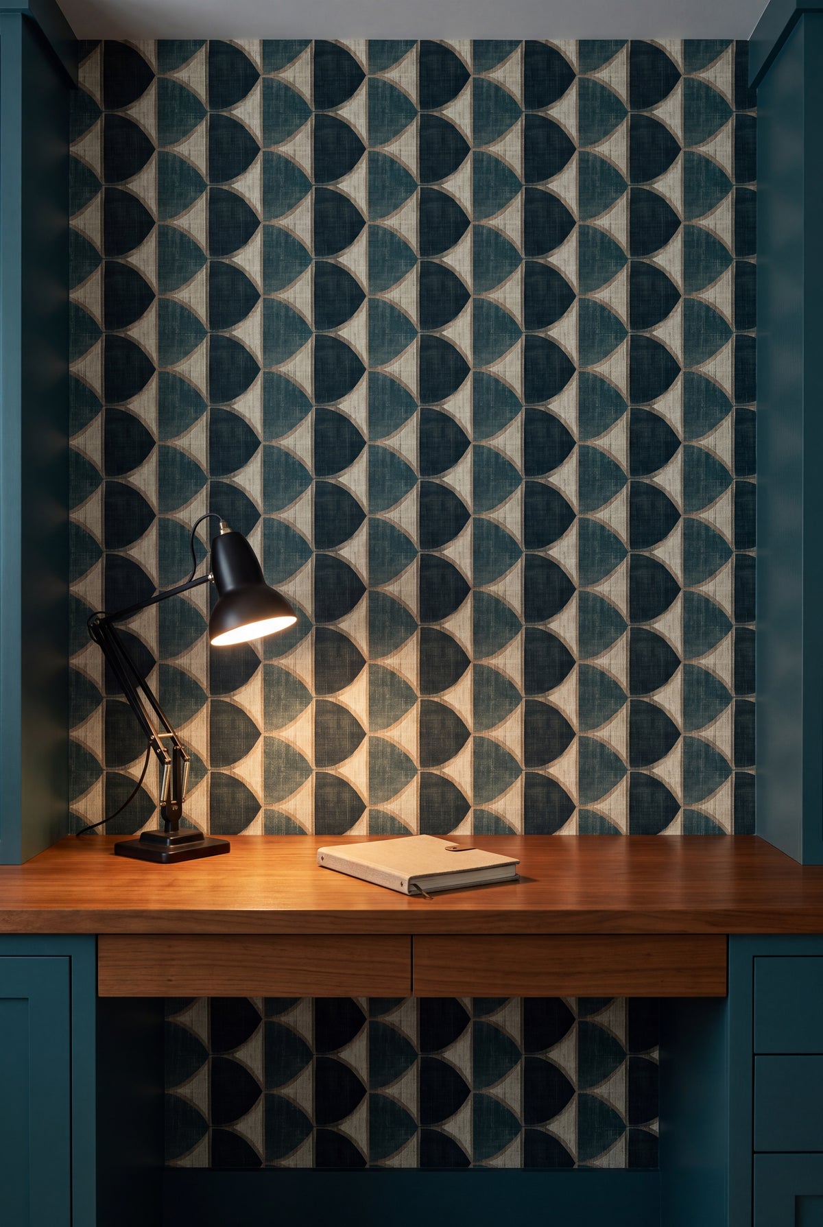 Verdigris Halfmoon wallpaper shown in a home office
