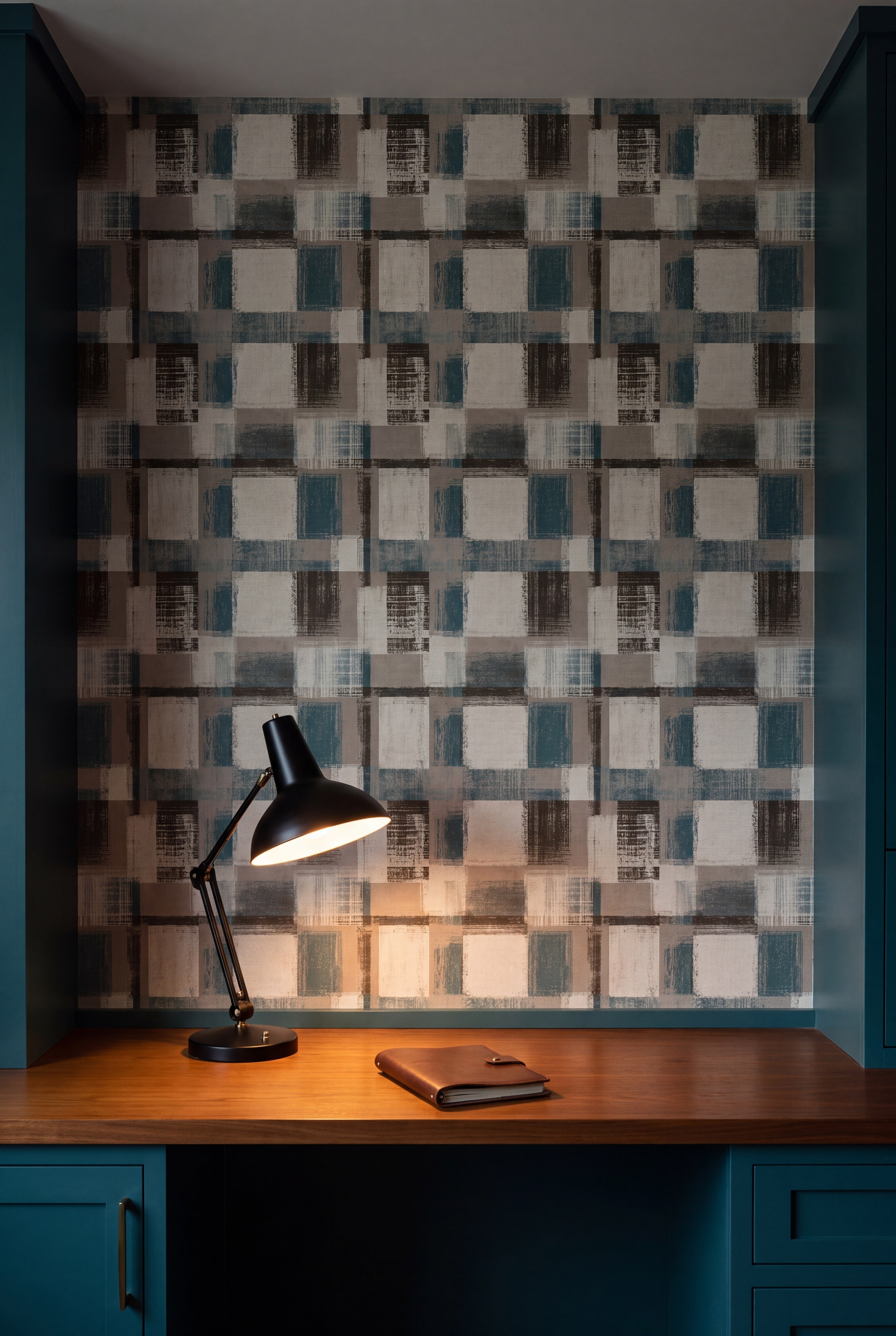 Harbor Check wallpaper shown in a home office
