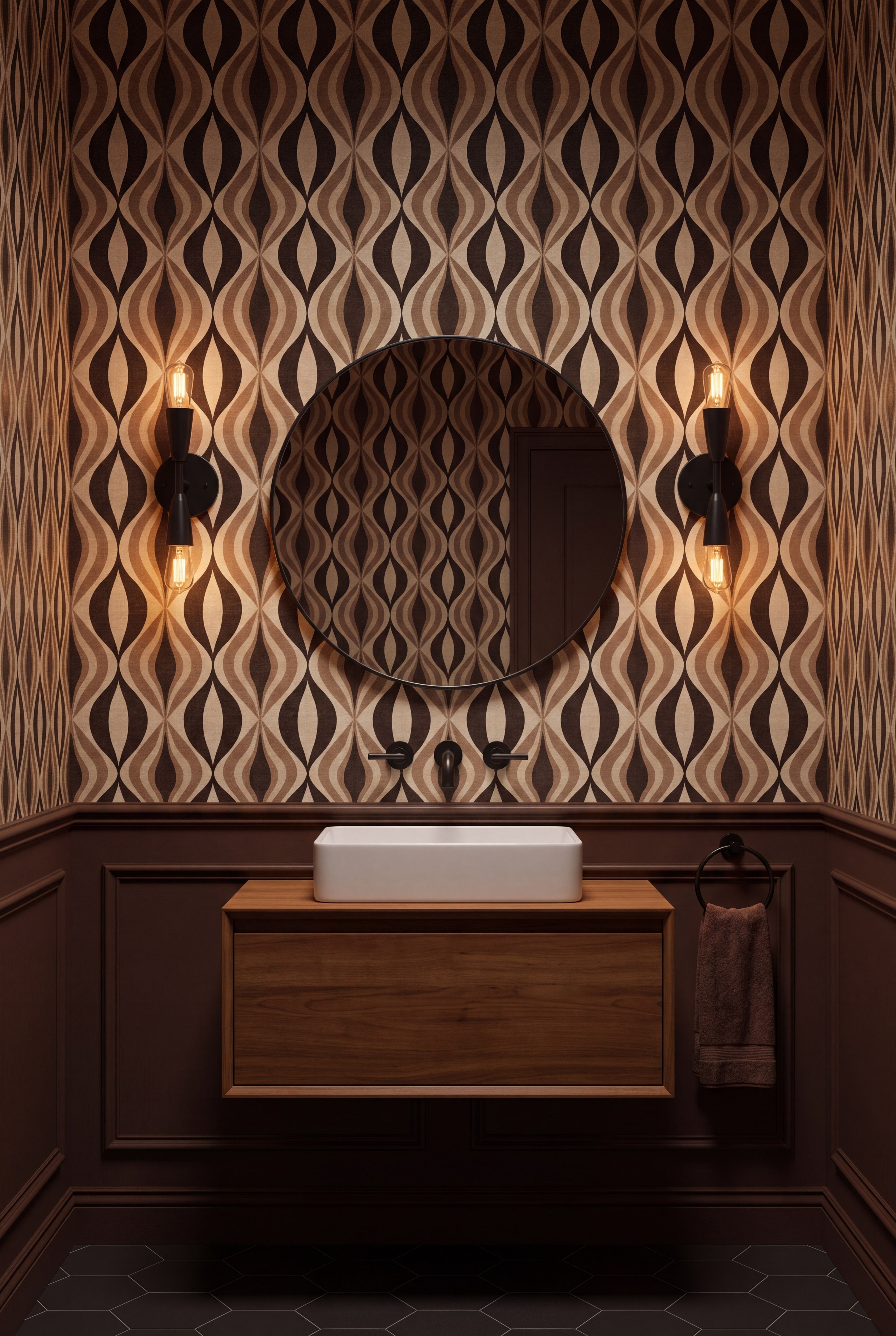 Cocoa Marquise wallpaper shown in a powder room