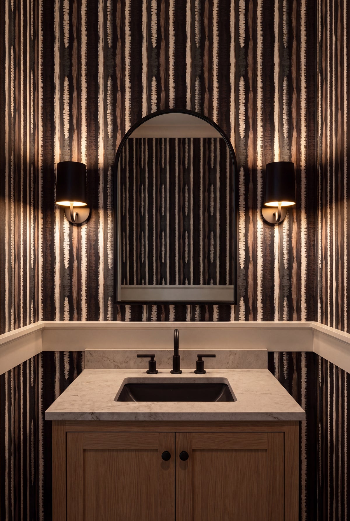 Birchbark Stripe wallpaper shown in a powder room