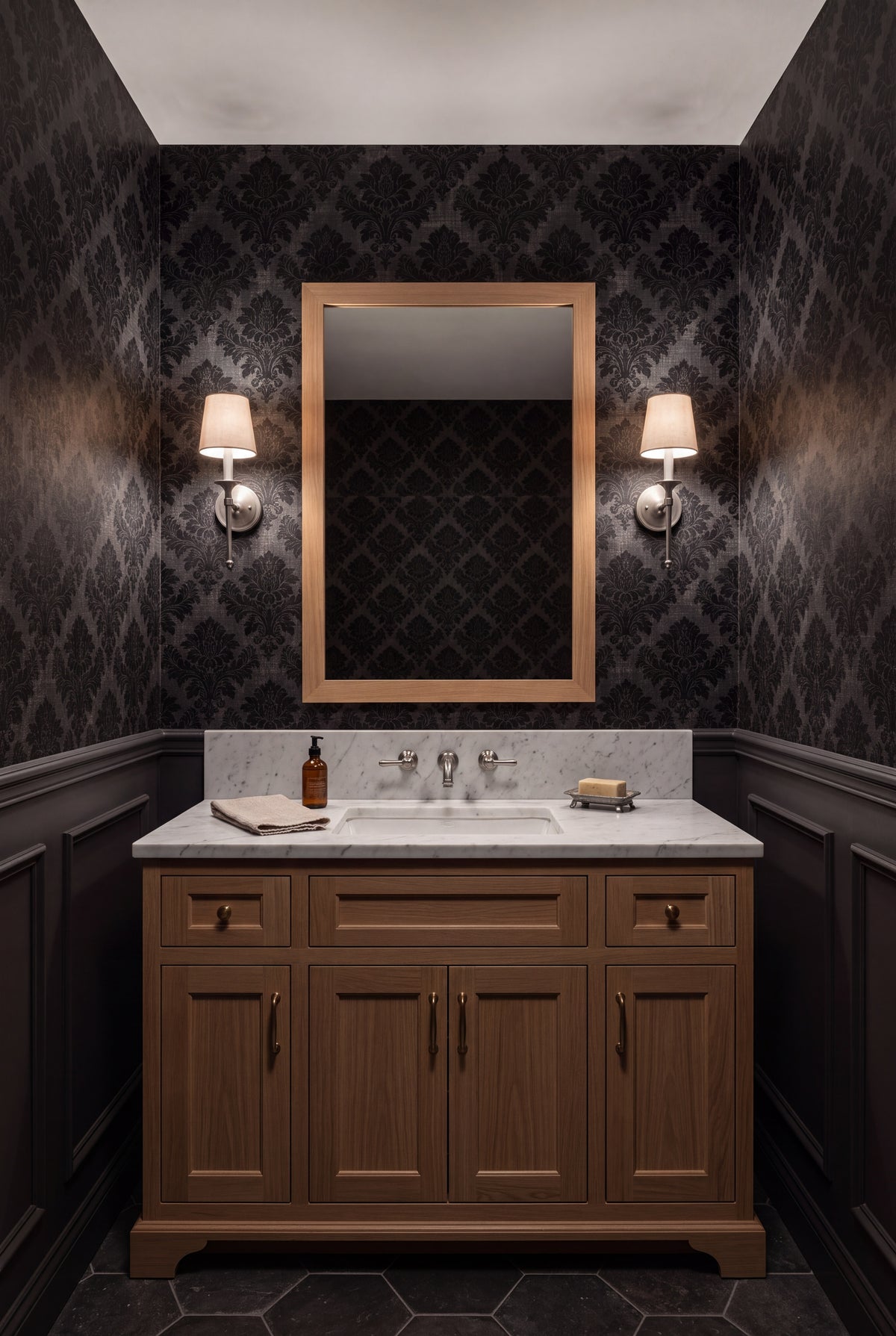 Obsidian Damask wallpaper shown in a powder room