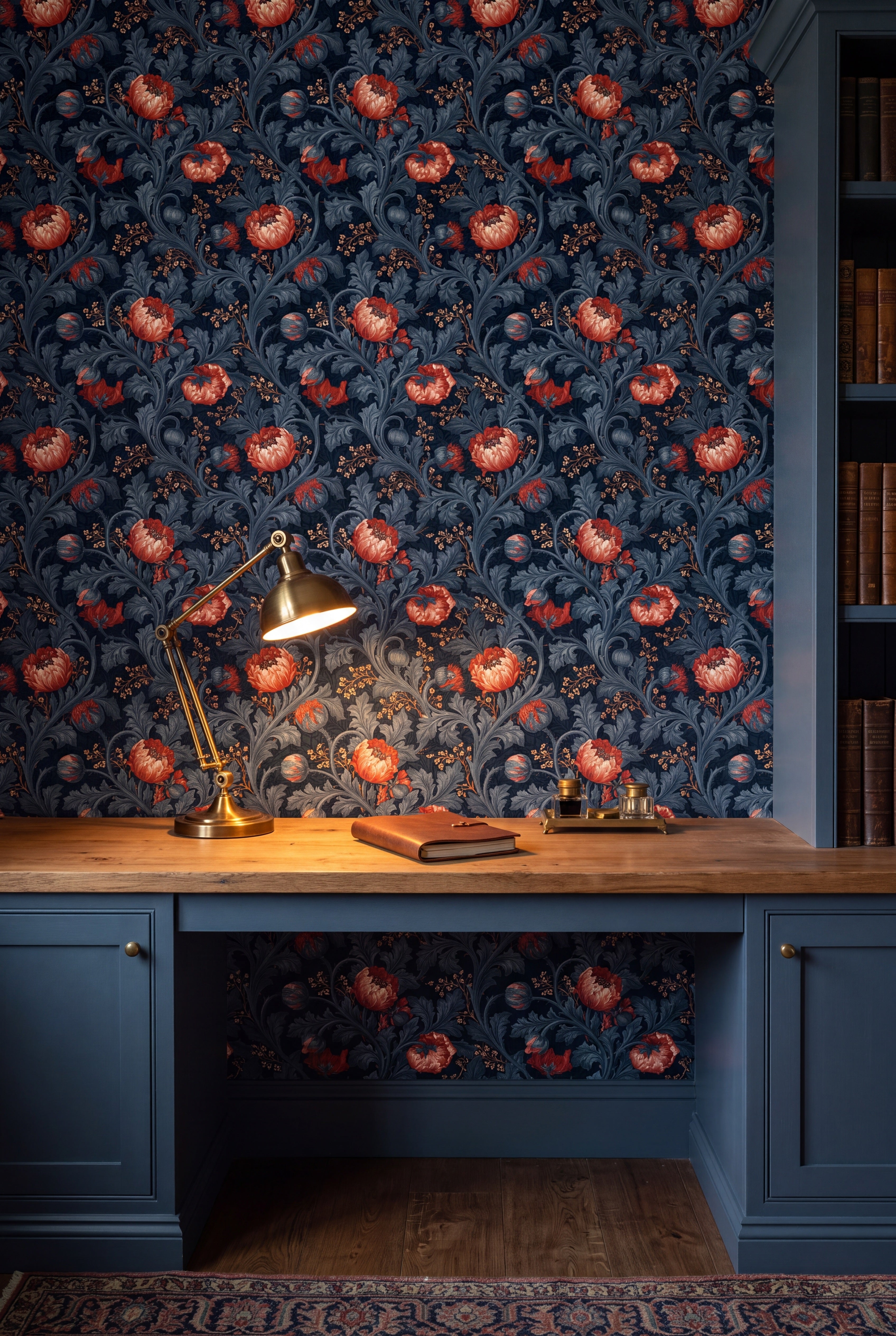 Coral Bower wallpaper shown in a home office