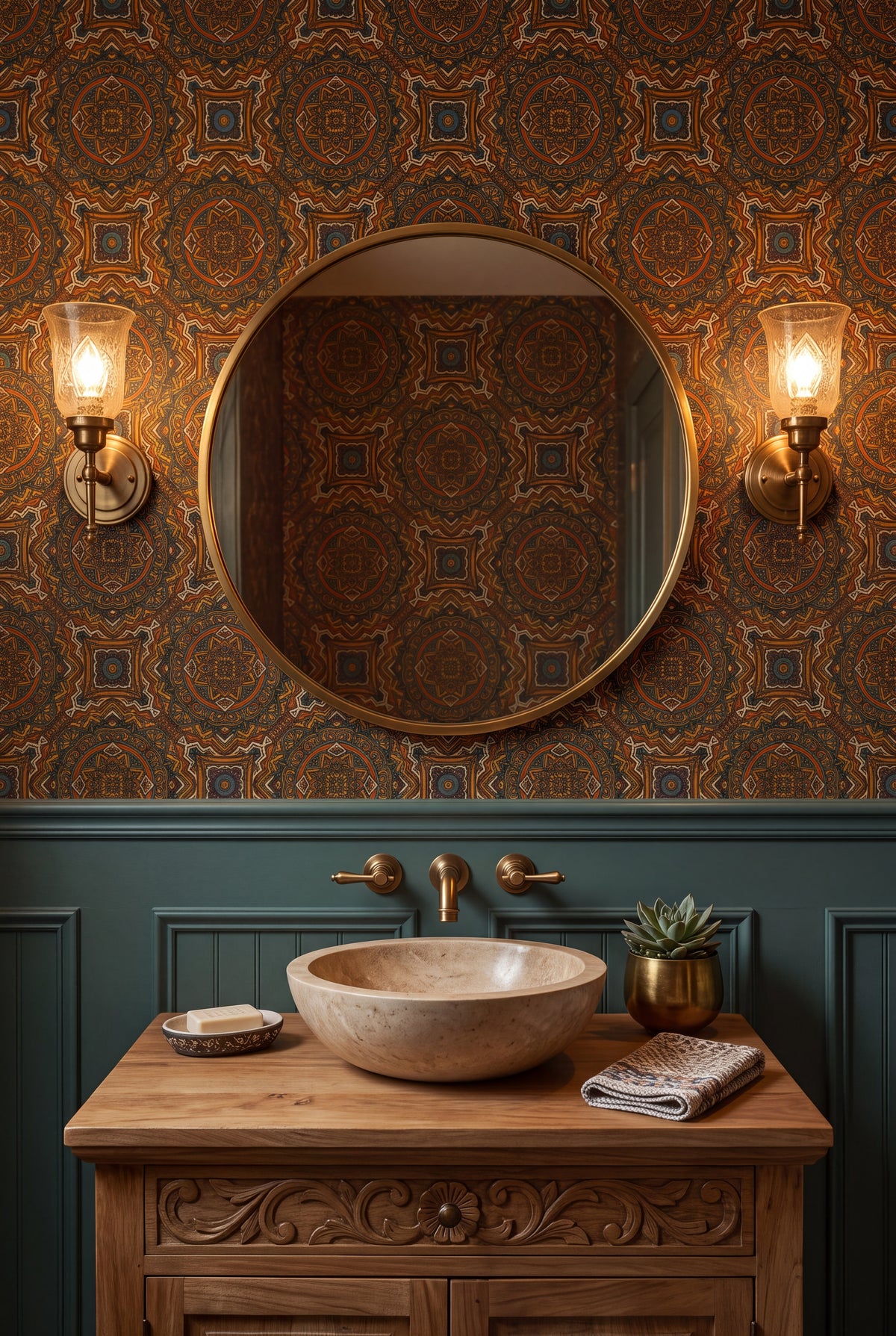 Caravan Mandala wallpaper shown in a powder room