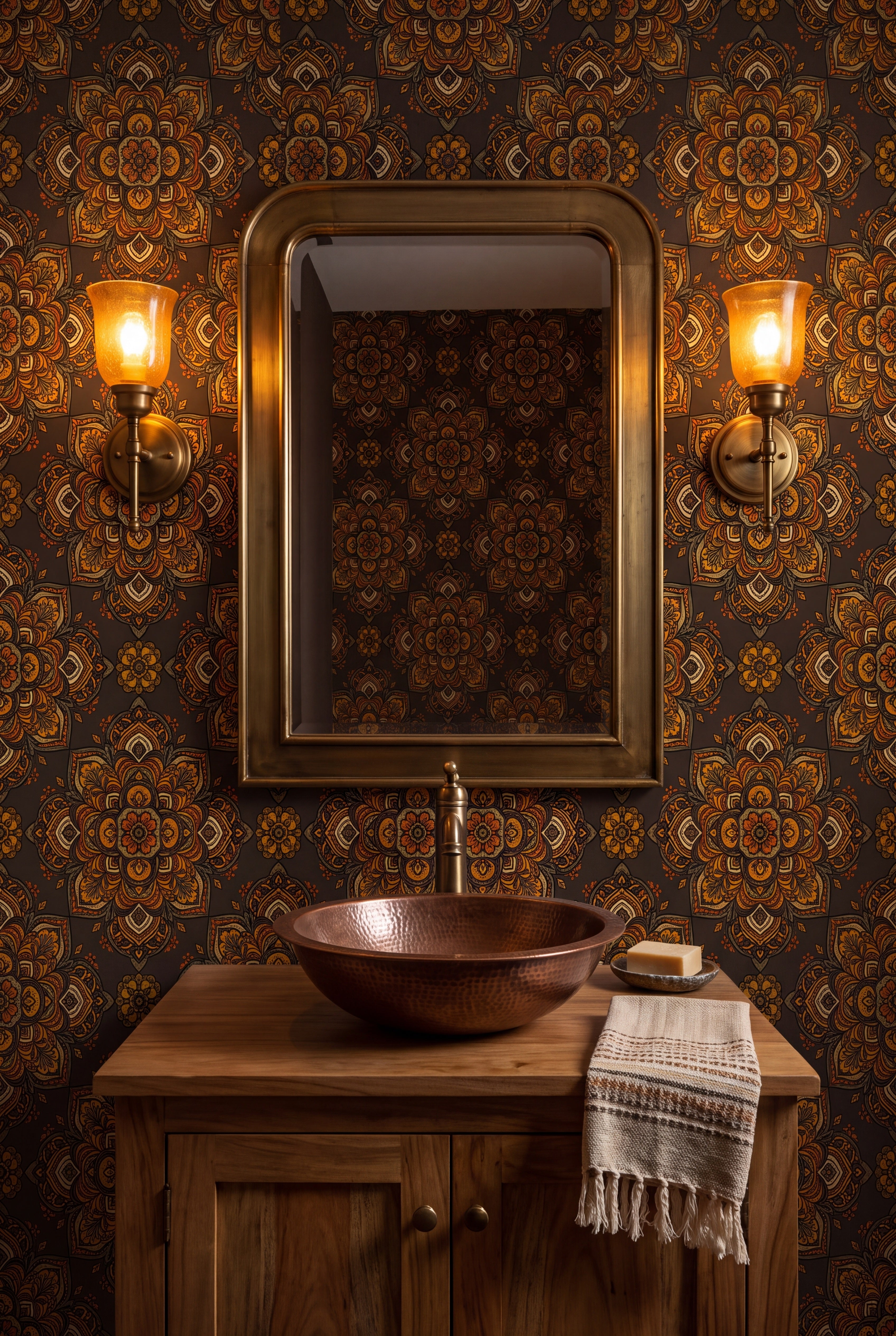 Marrakesh Medallion wallpaper shown in a powder room