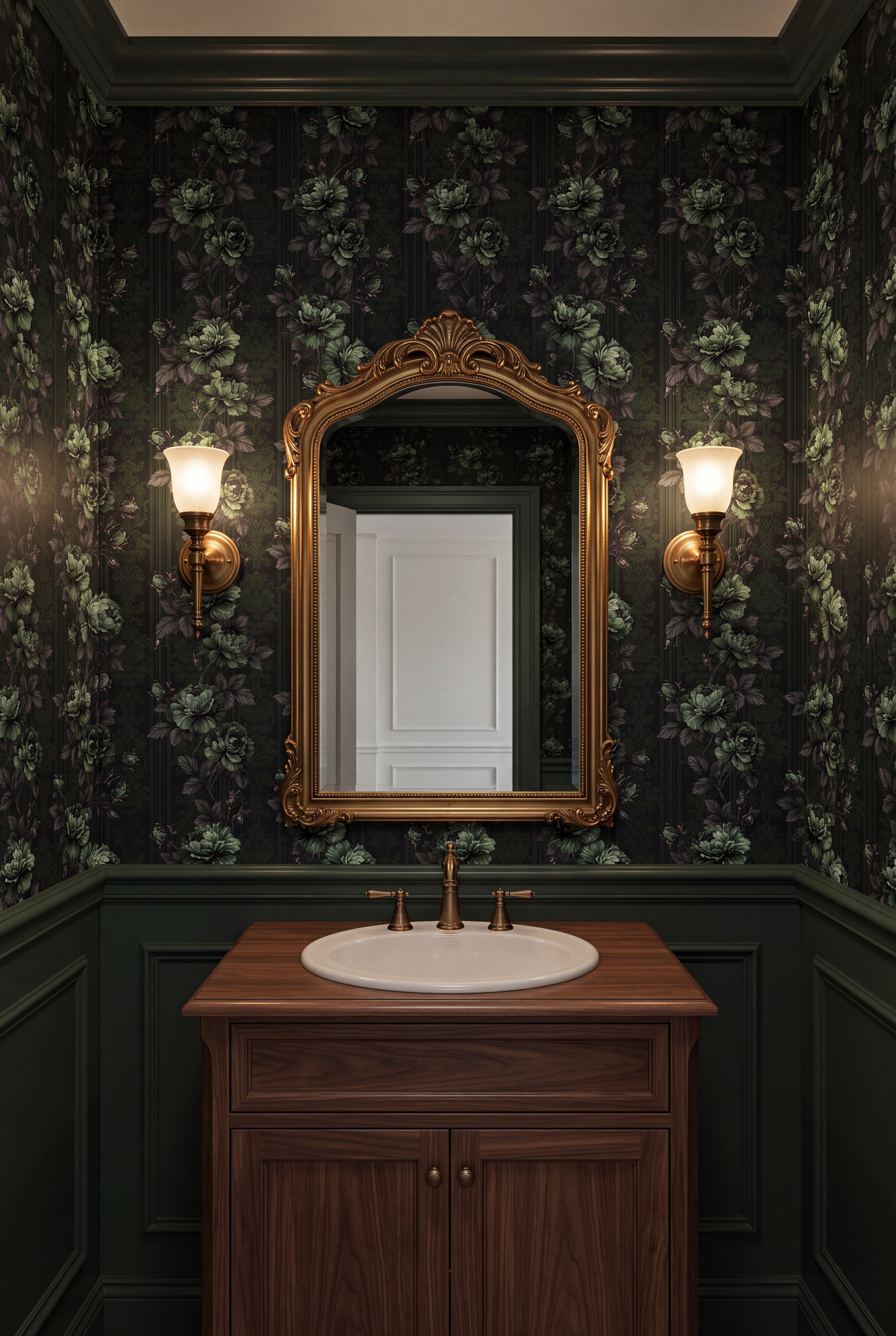 Ivy Nocturne wallpaper shown in a powder room