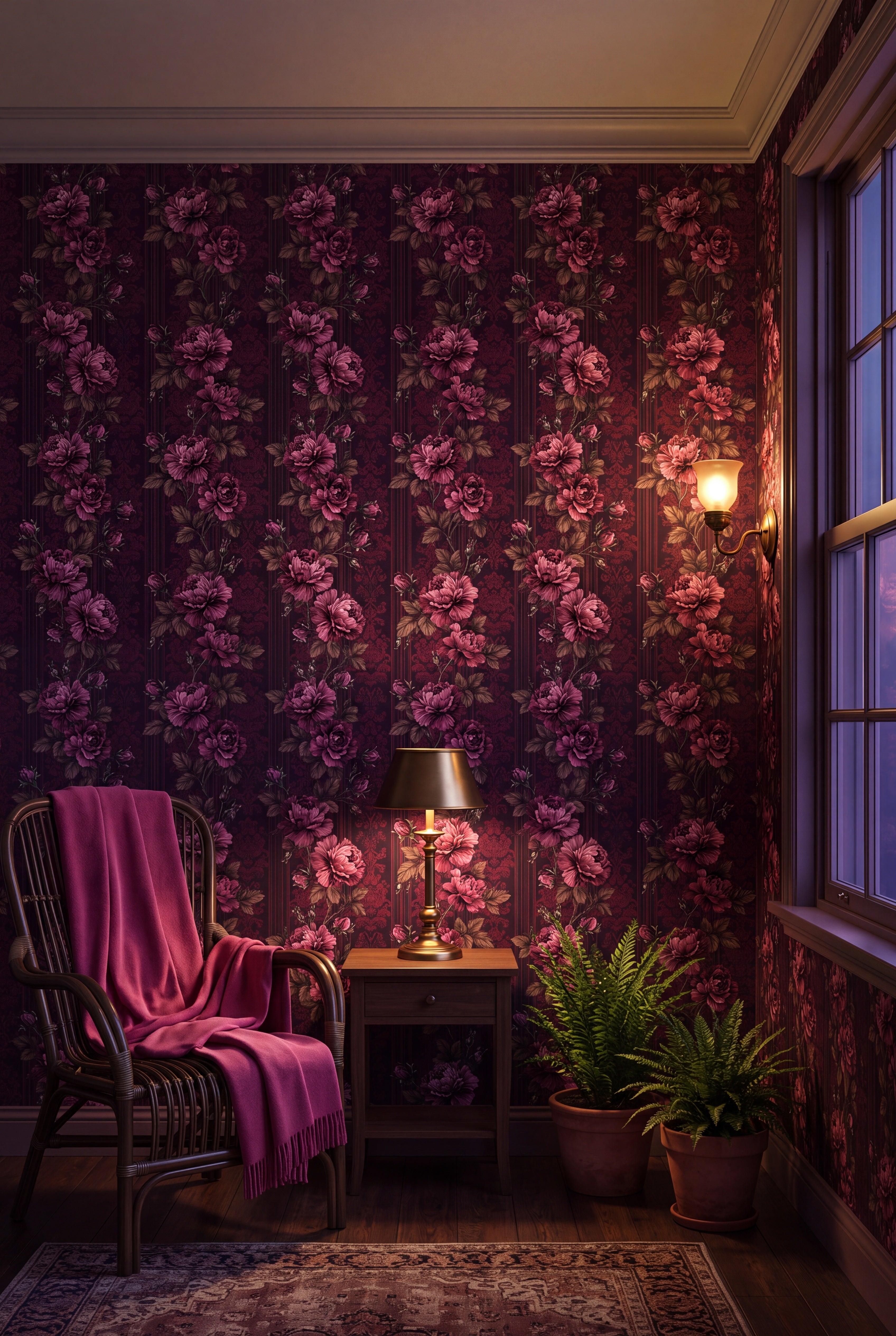 Damson Rose wallpaper shown in a sunroom