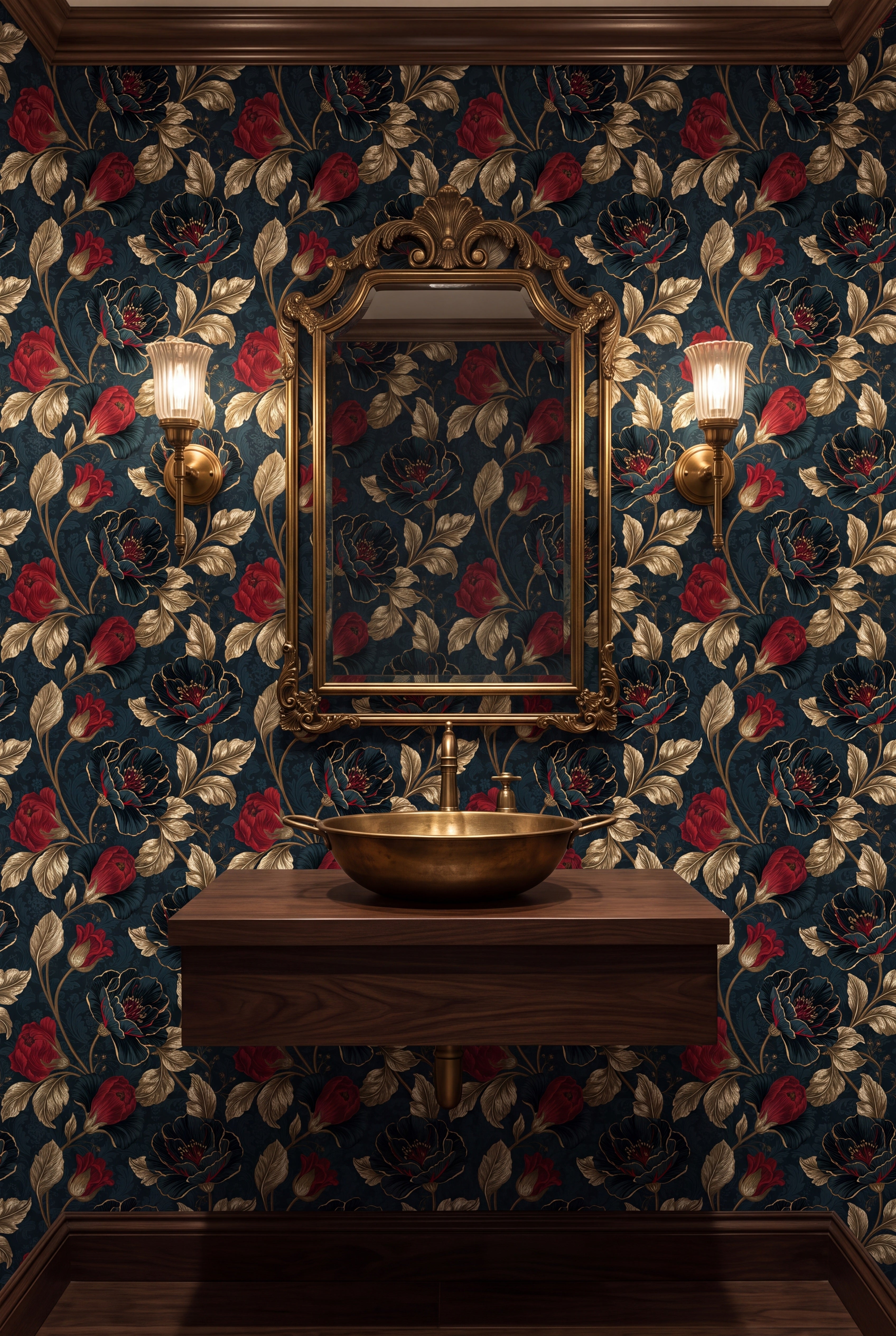 Gilded Poppy wallpaper shown in a powder room