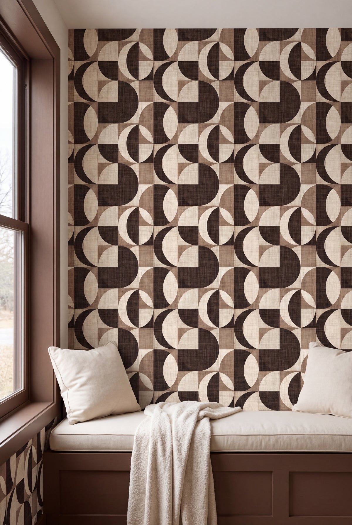Cocoa Eclipse wallpaper shown in a window seat alcove