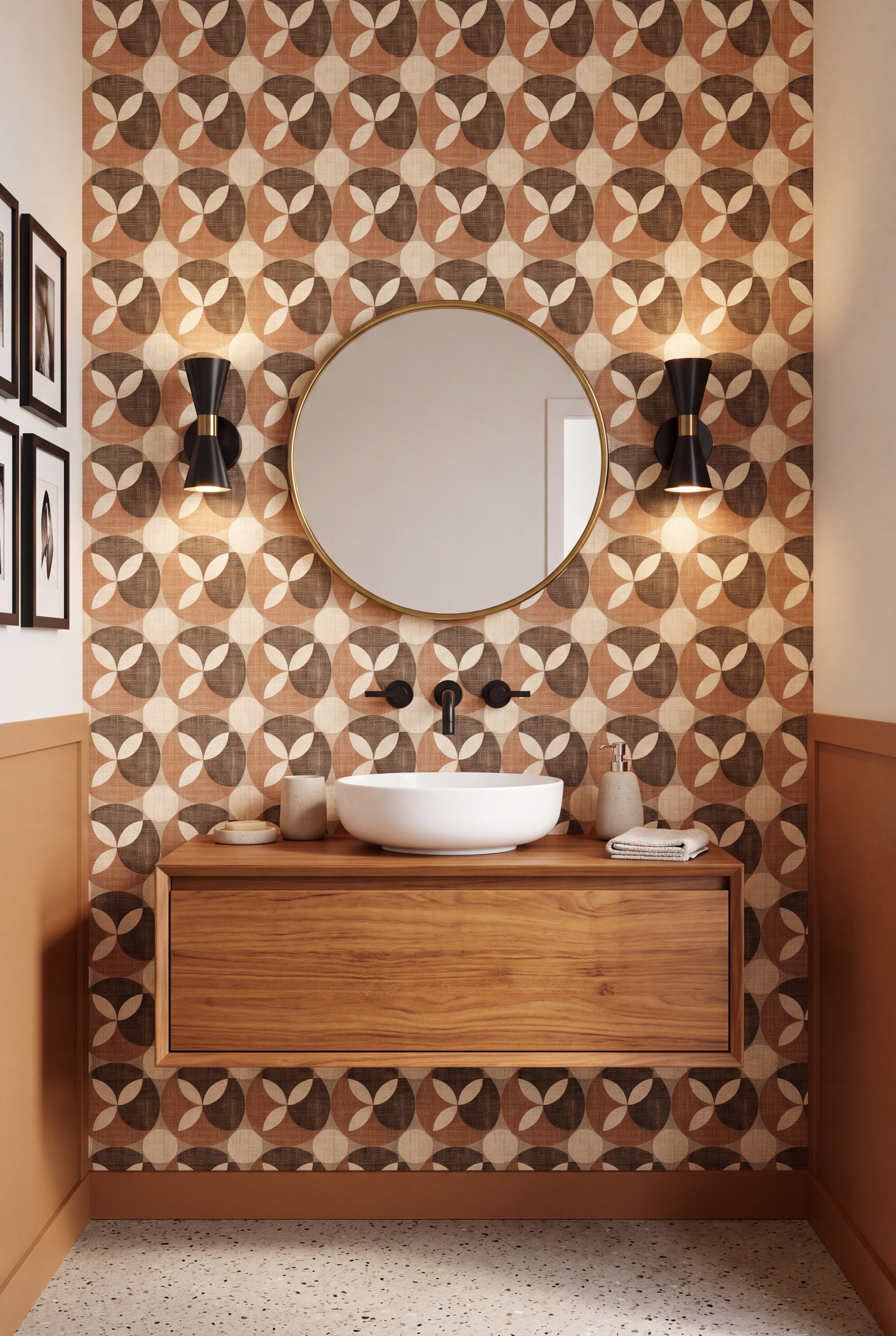 Caramel Petal wallpaper shown in a powder room