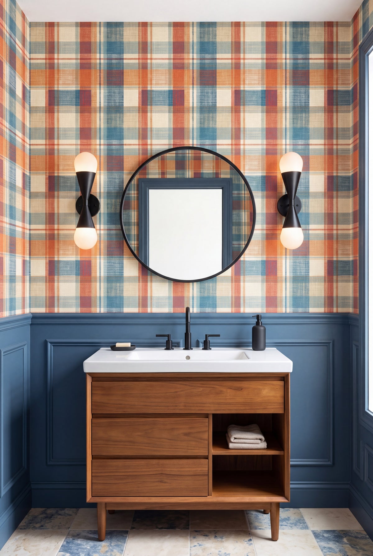 Camp Plaid wallpaper shown in a powder room