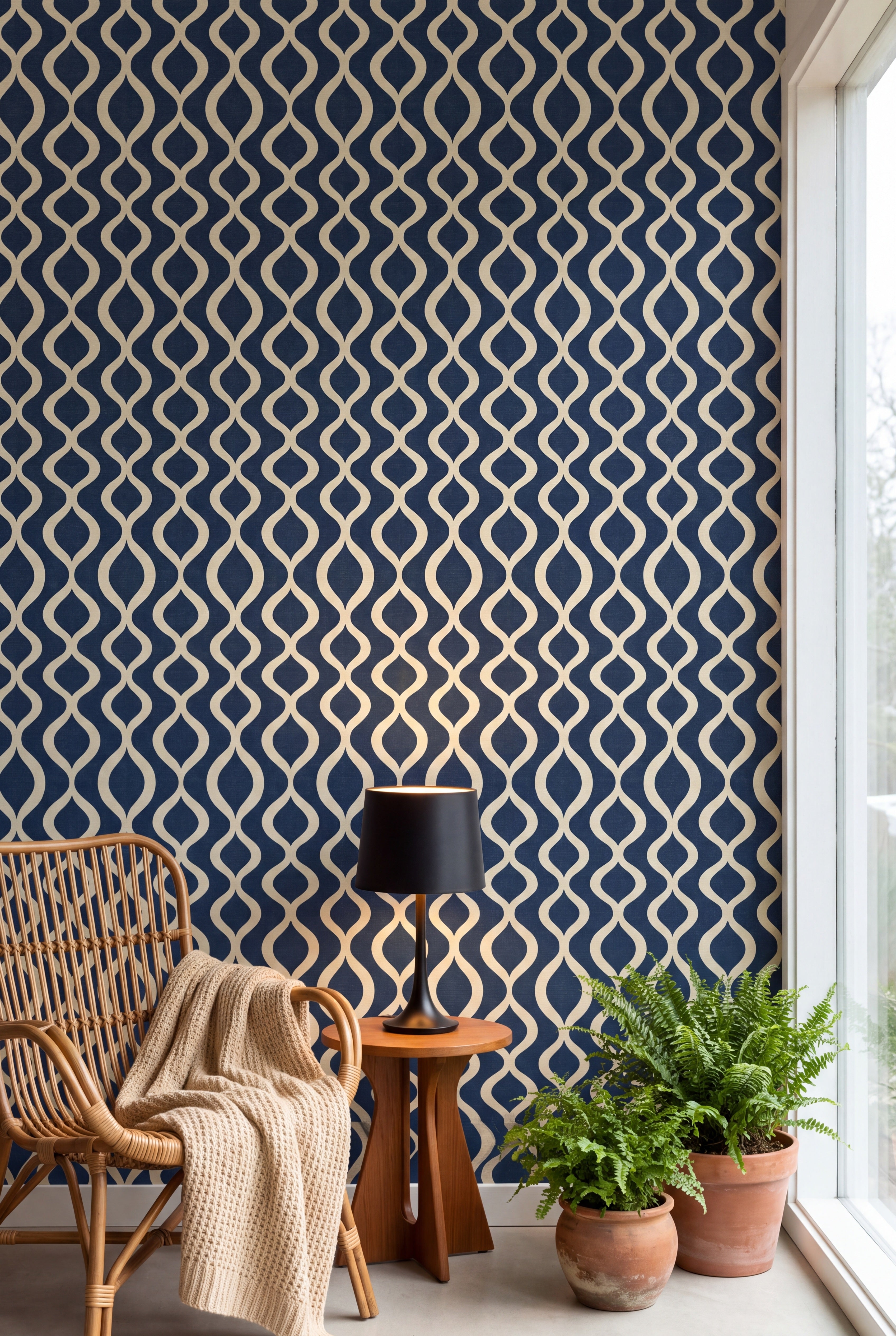 Navy Pendulum wallpaper shown in a sunroom
