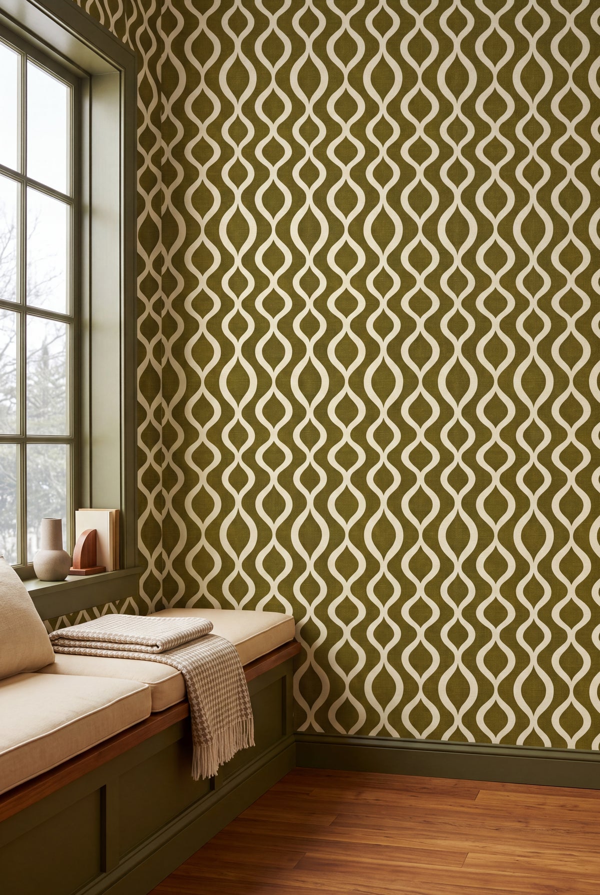 Olive Pendulum wallpaper shown in a window seat alcove
