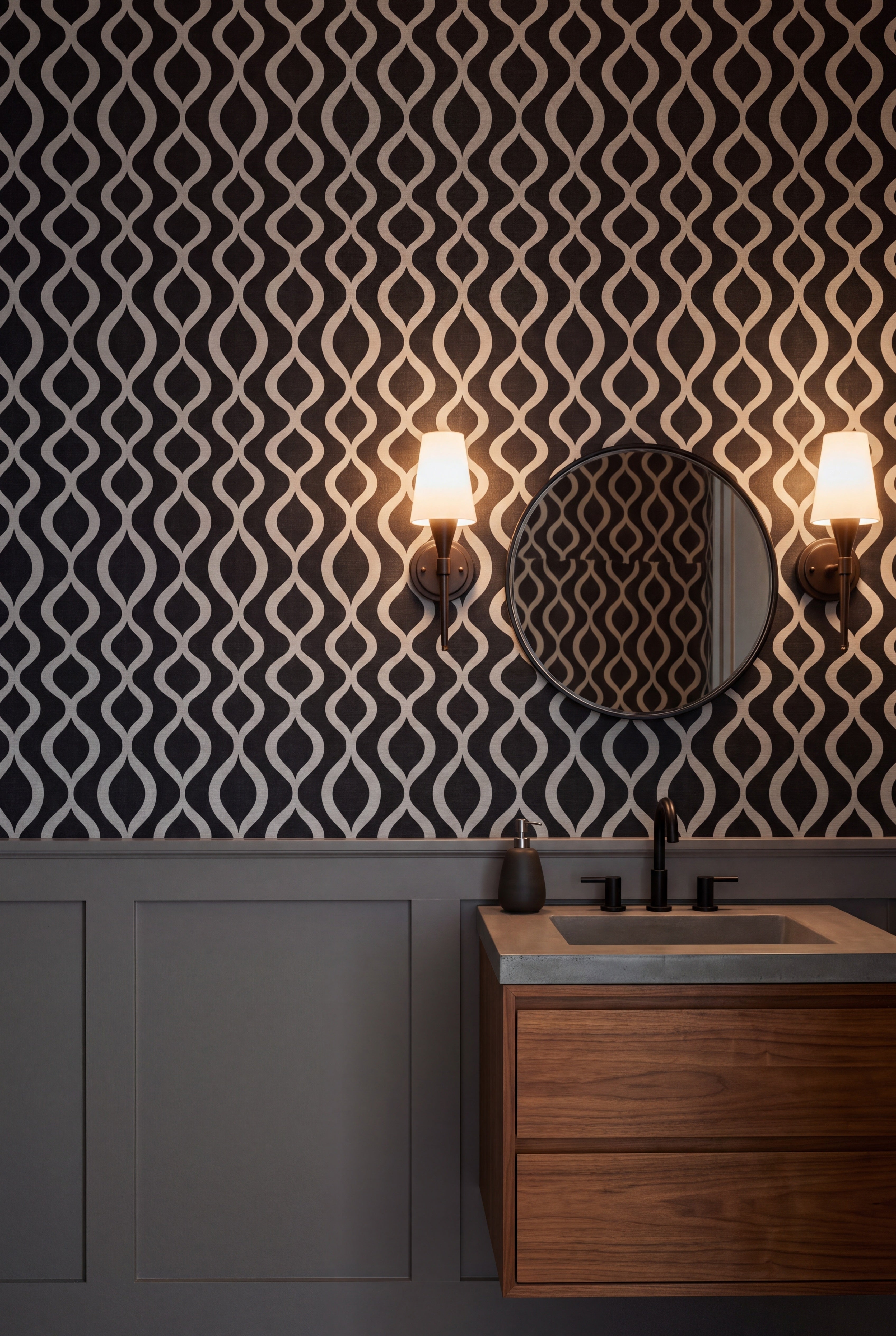 Onyx Pendulum wallpaper shown in a powder room